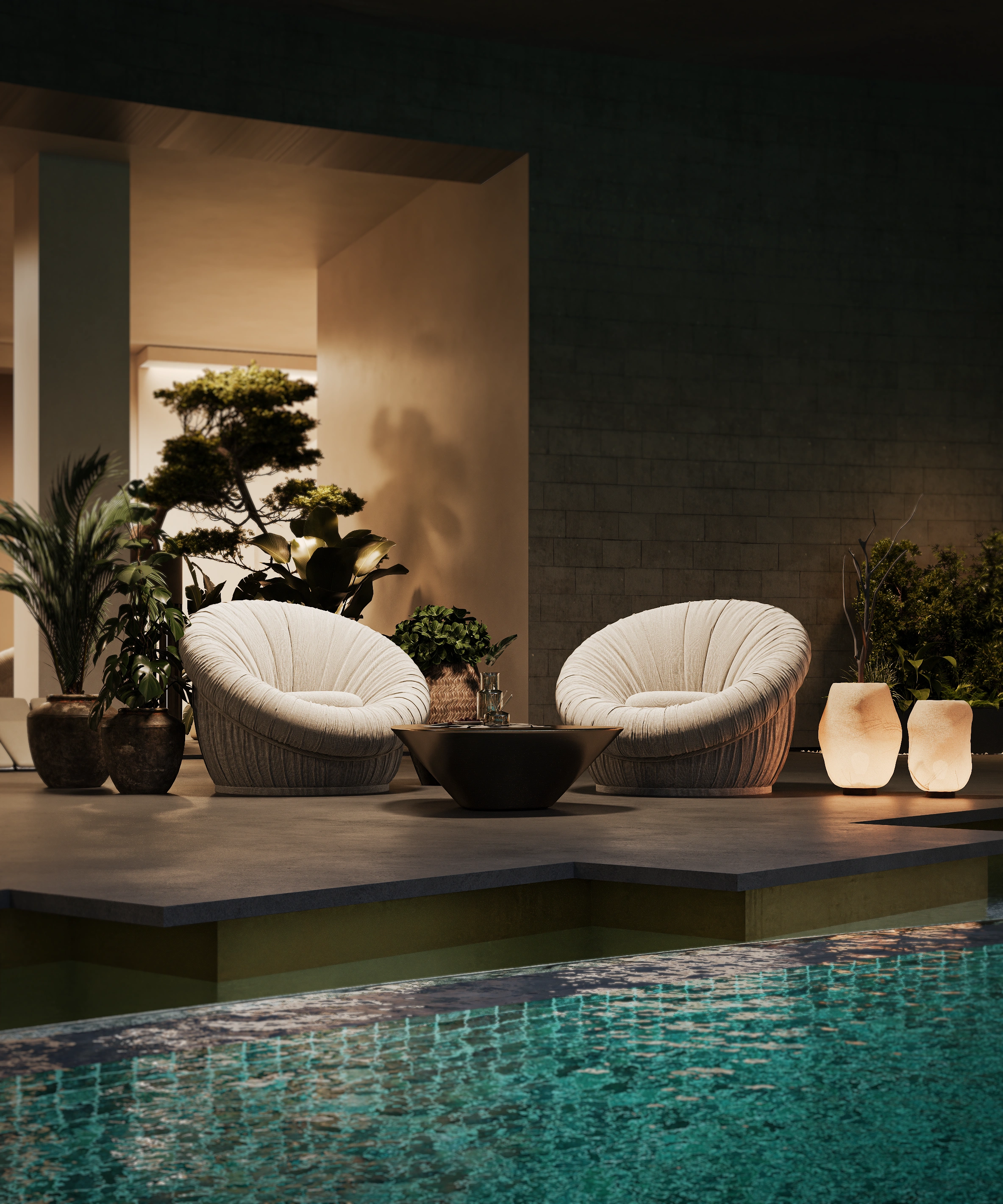 Beige linen sofas close-up, The Ubud interior 3D visualization by Bloom.