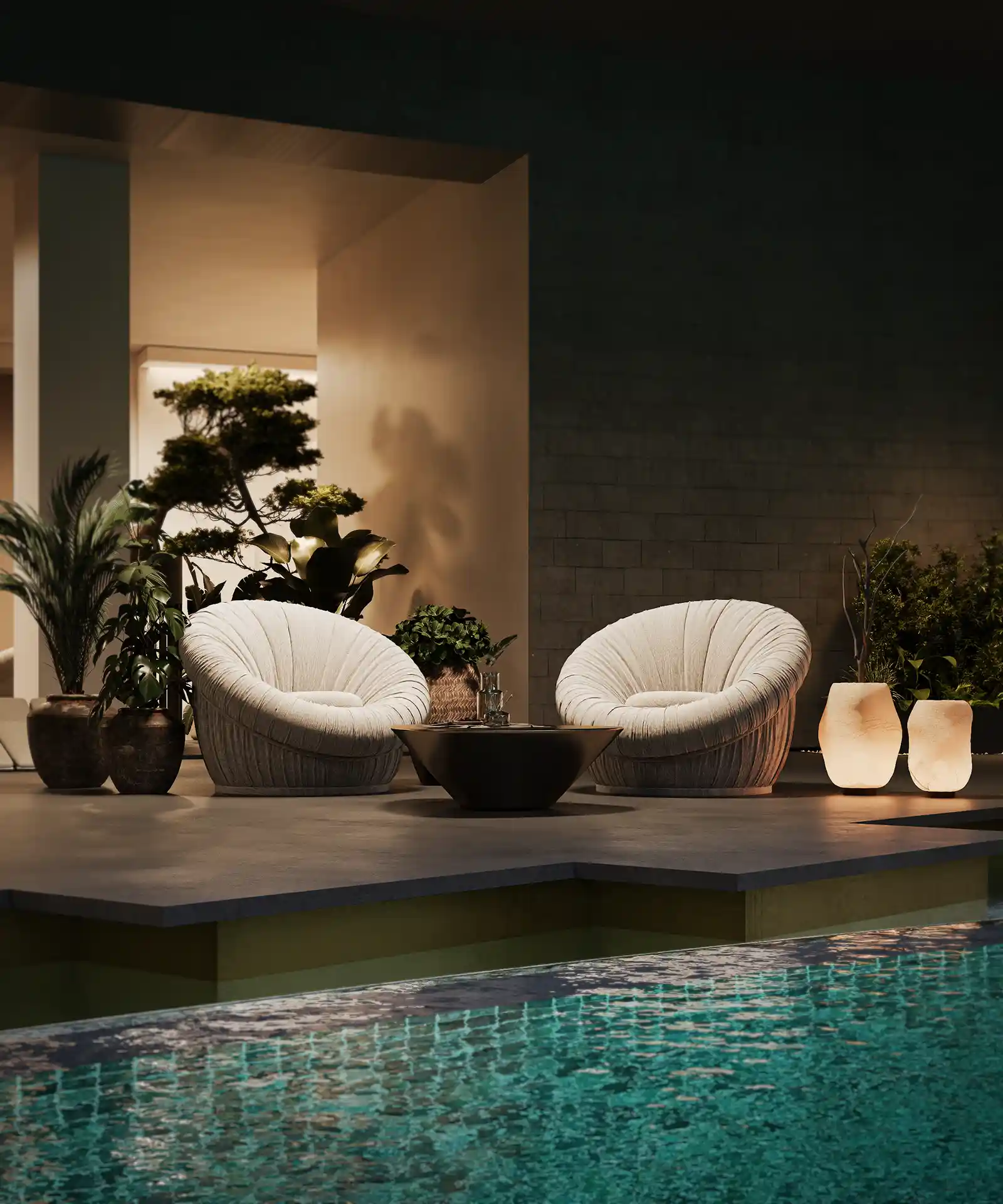 Beige linen sofas close-up, The Ubud interior 3D visualization by Bloom.
