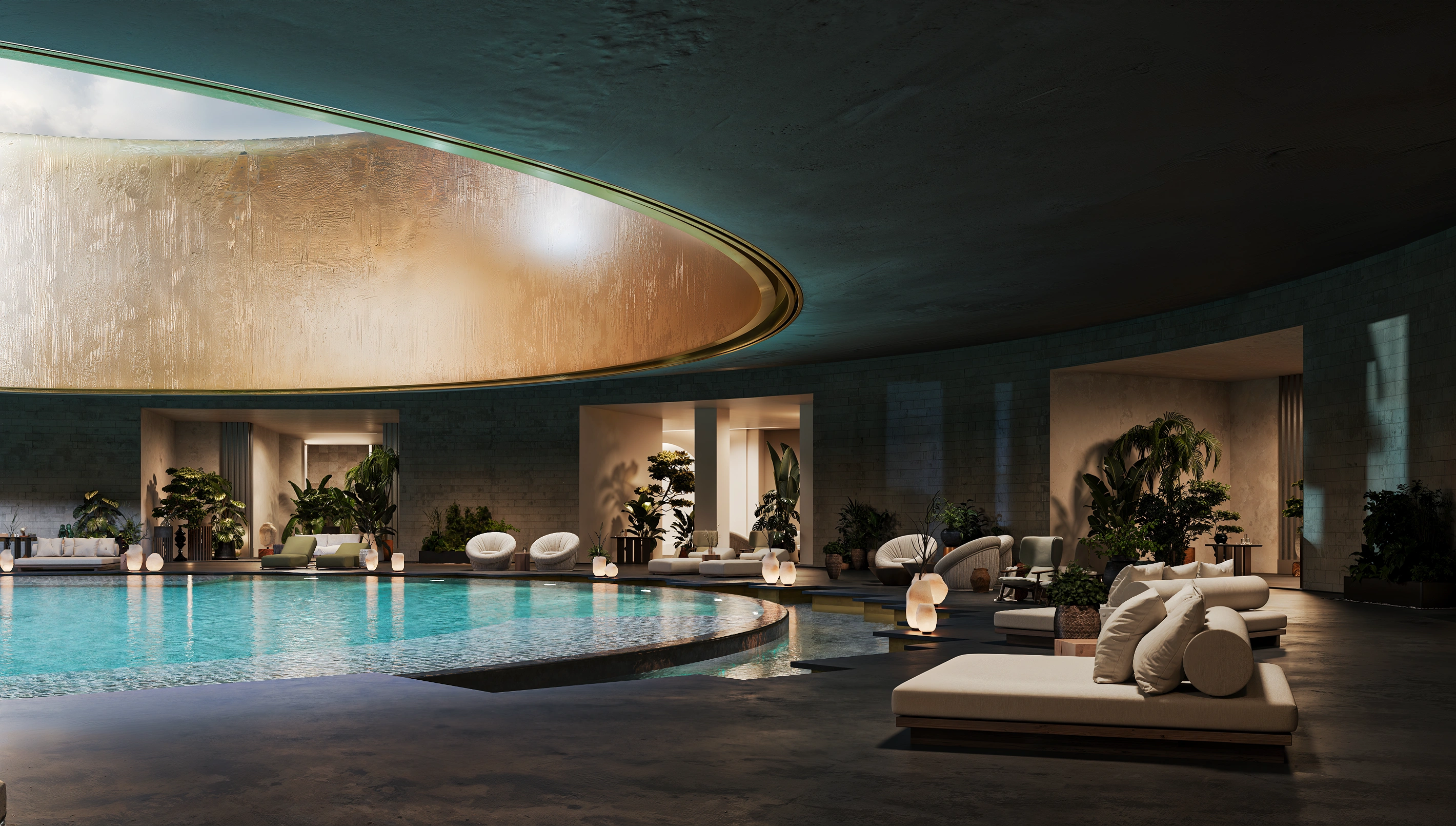 Close-up architectural detail of a thatched roof texture on a modern pool in Bali for The Ubud project.