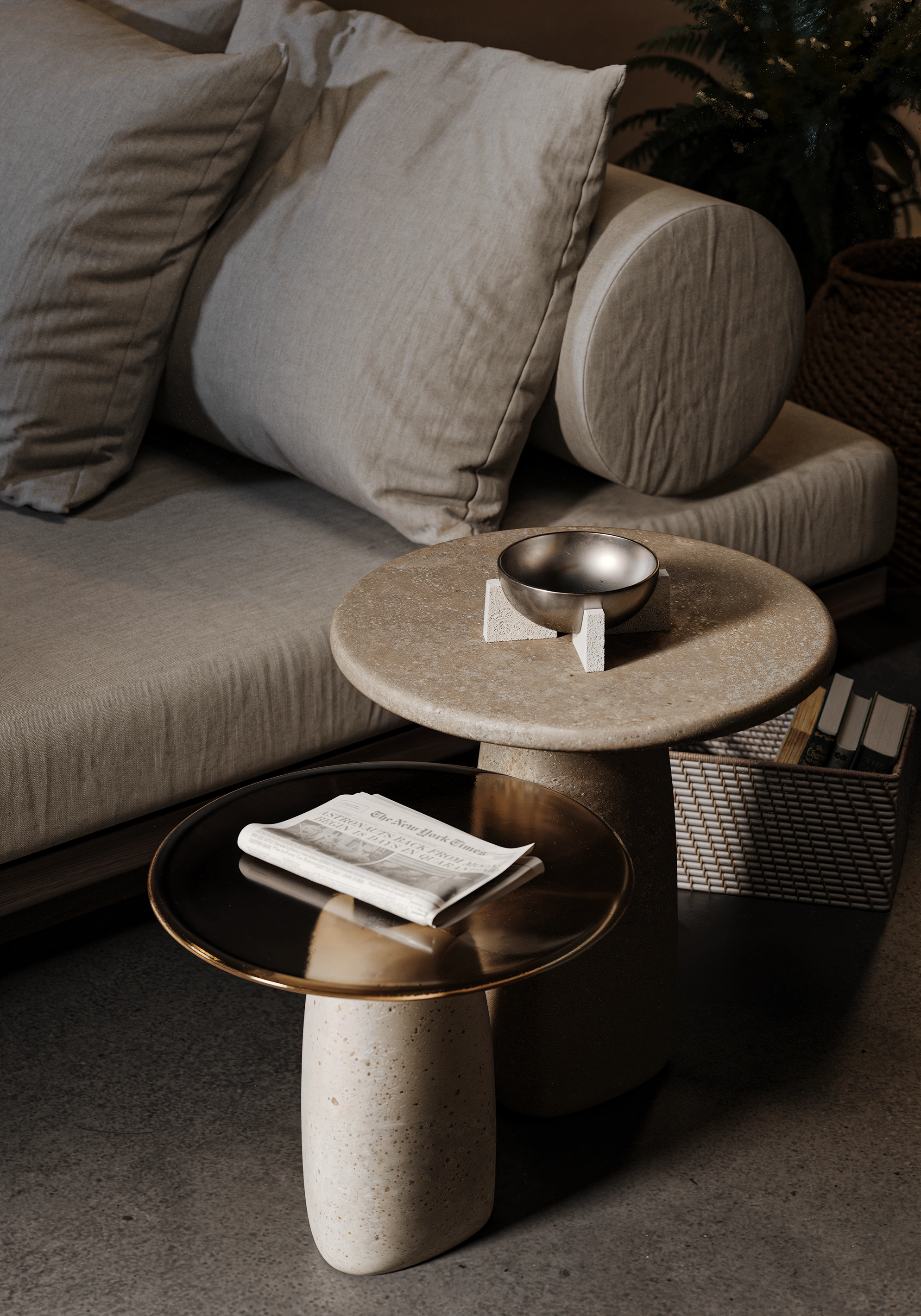 Designer lounge table on a luxury pool terrace, The Ubud project 3D visualization by Bloom