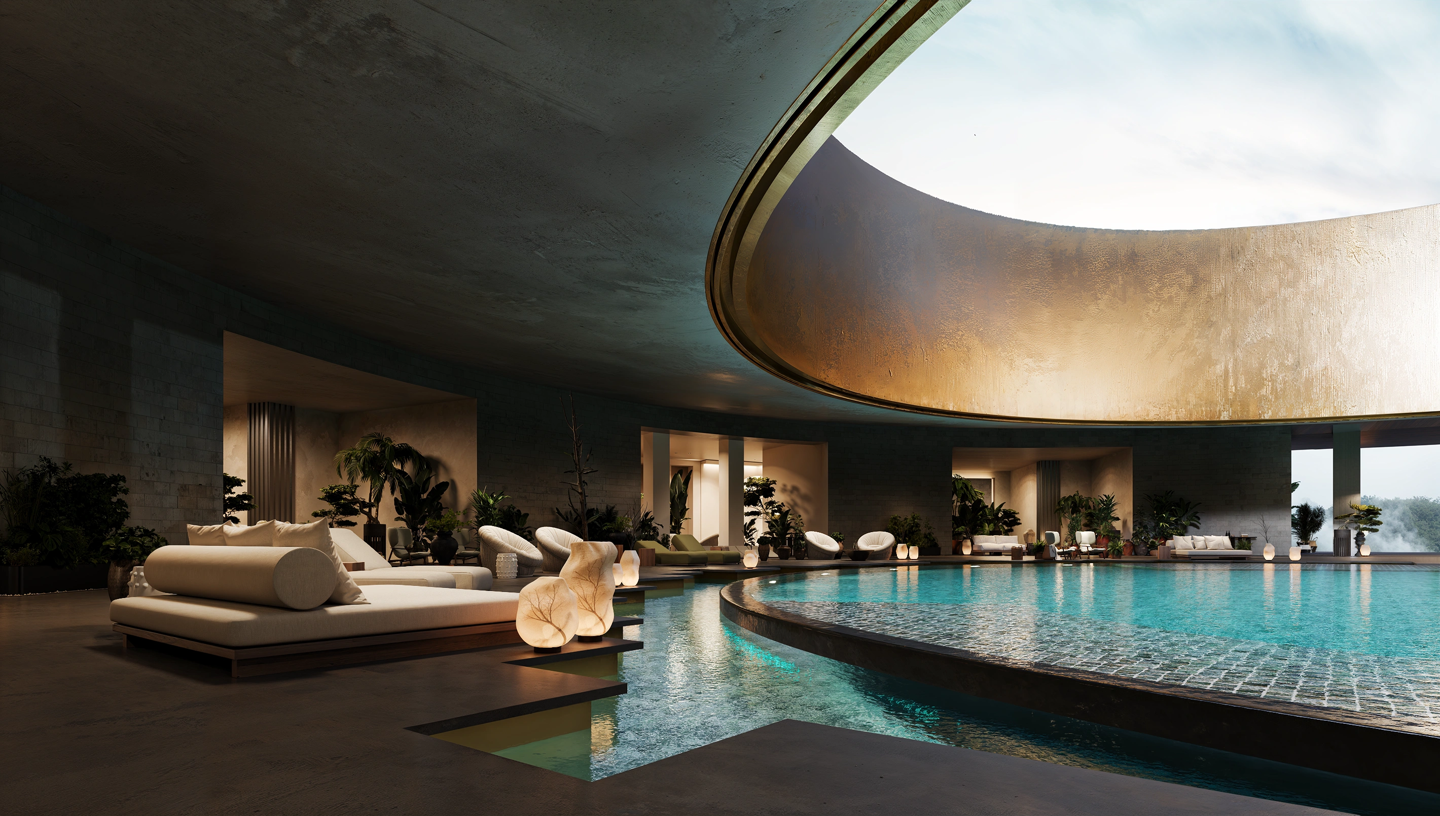 Photorealistic exterior 3D rendering of The Ubud project in Bali, featuring a modern tropical villa with a thatched roof, stone cladding, and wooden facade surrounded by lush greenery.