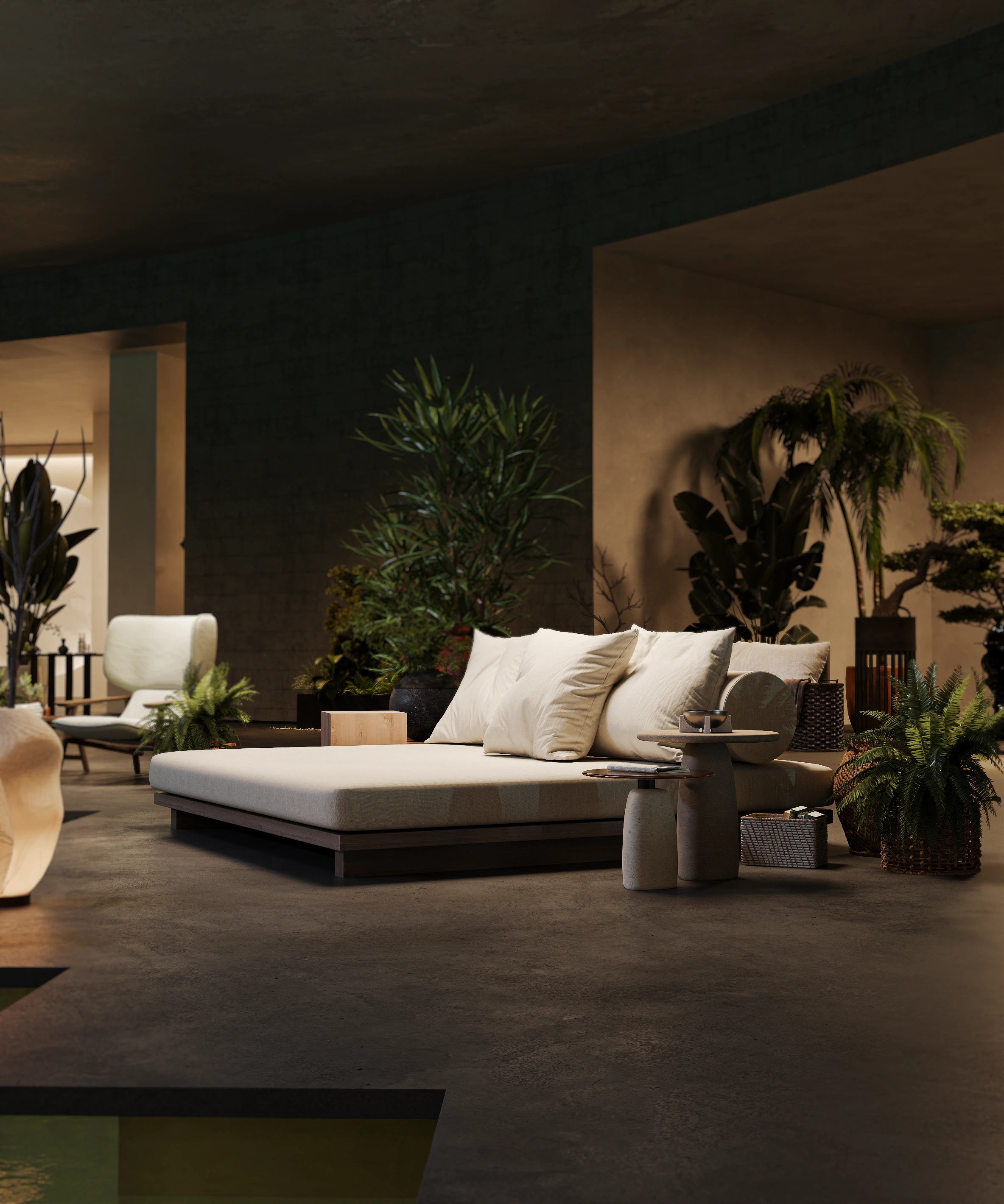 Minimalist luxury sunbed with daybed and tropical greenery, The Ubud project 3D rendering