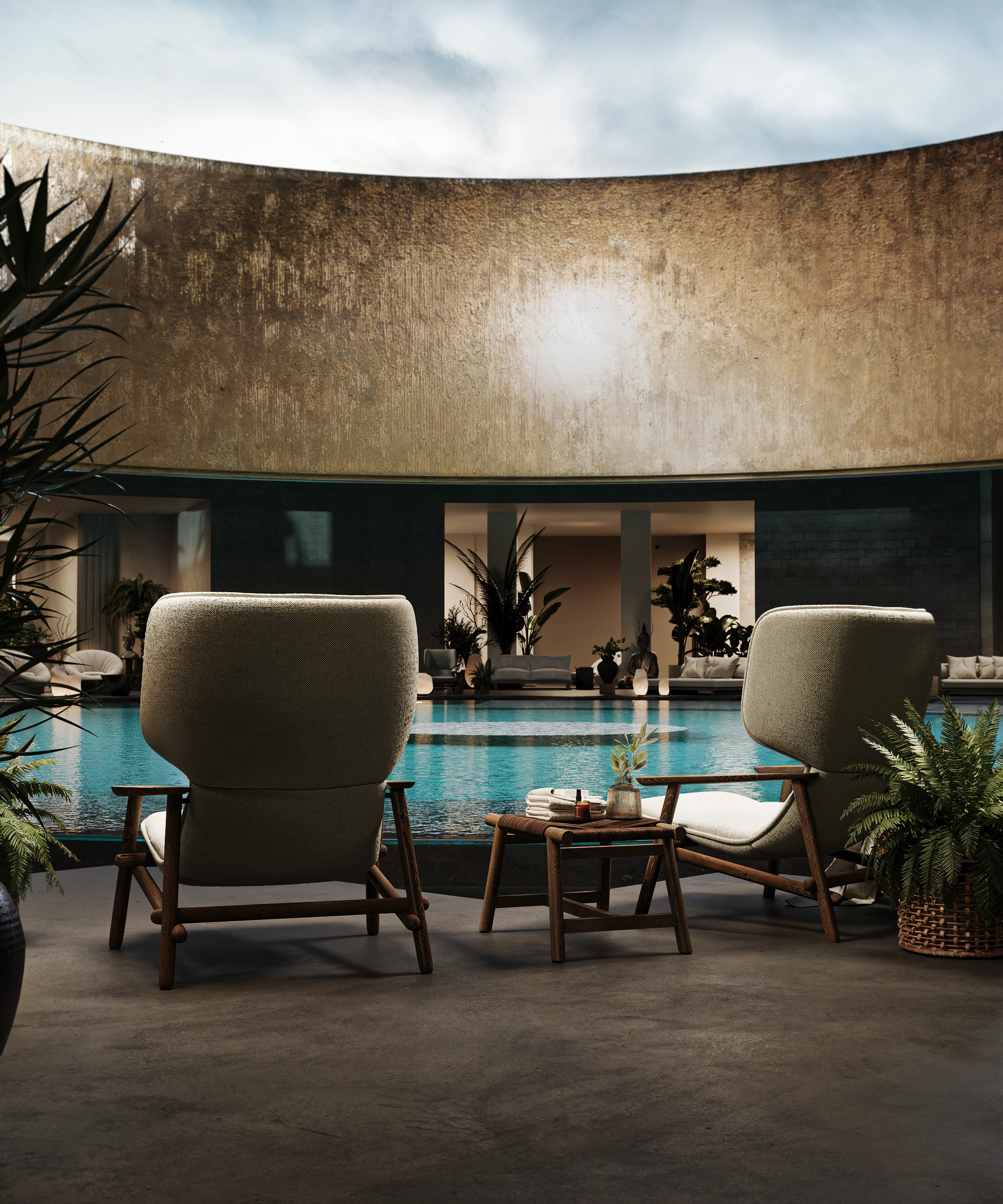 Luxury outdoor pool lounge with circular textured armchairs, The Ubud project CGI.