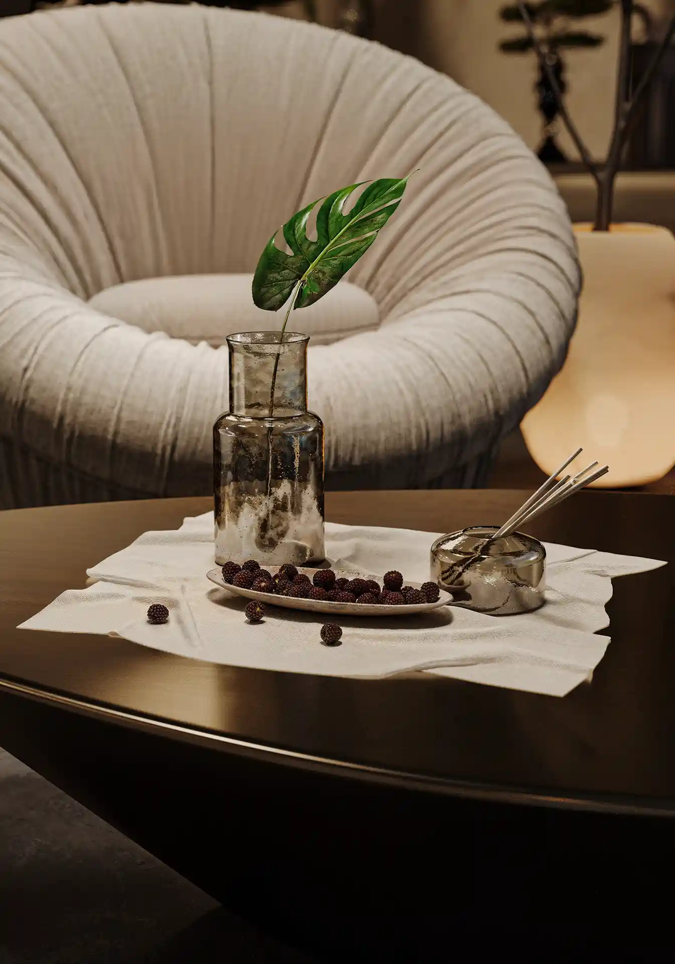 Interior decor CGI close-up of glass vase and berries on coffee table, The Ubud by Bloom studio.