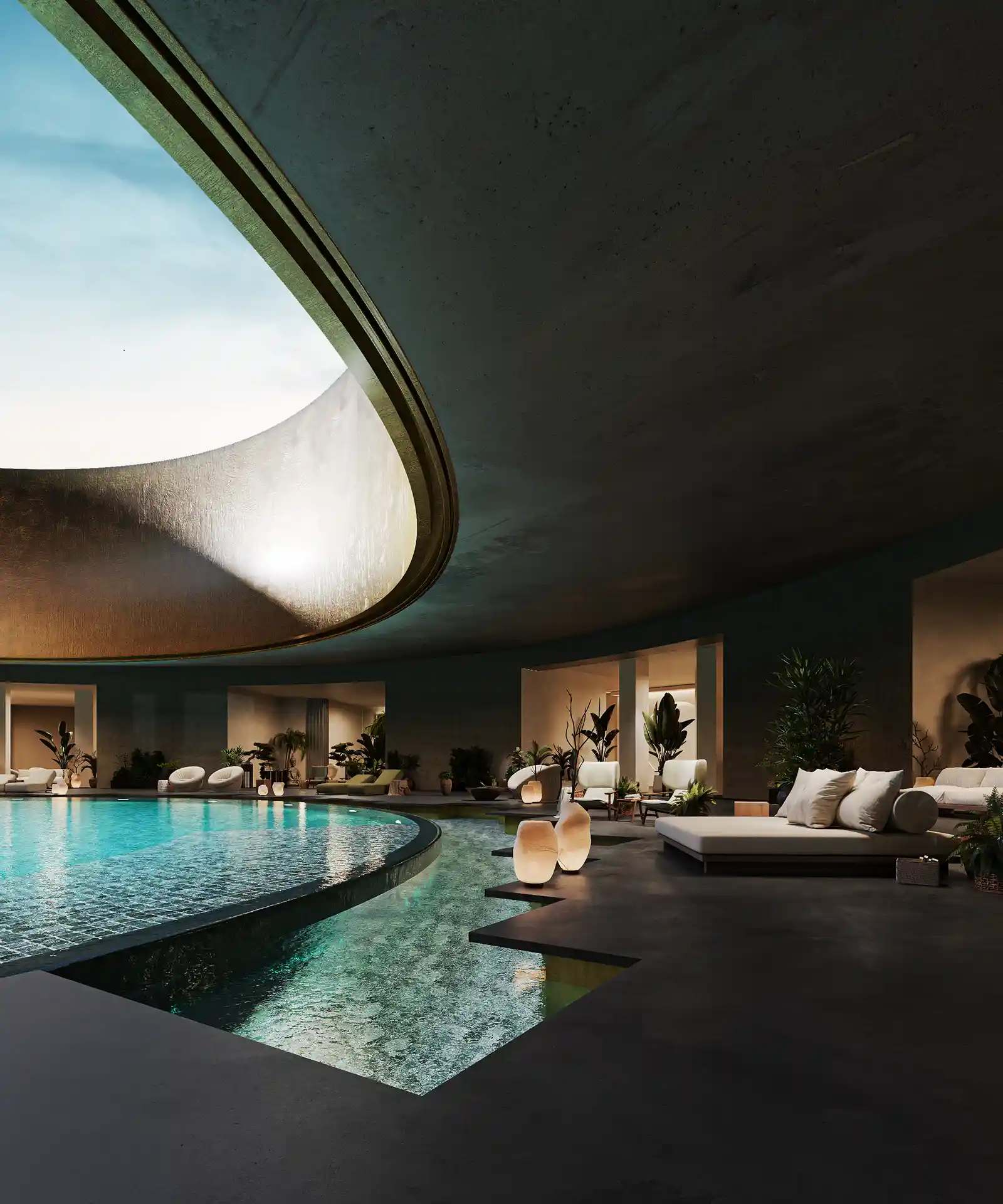 Atmospheric 3D interior rendering of a luxury pool with large panoramic view.
