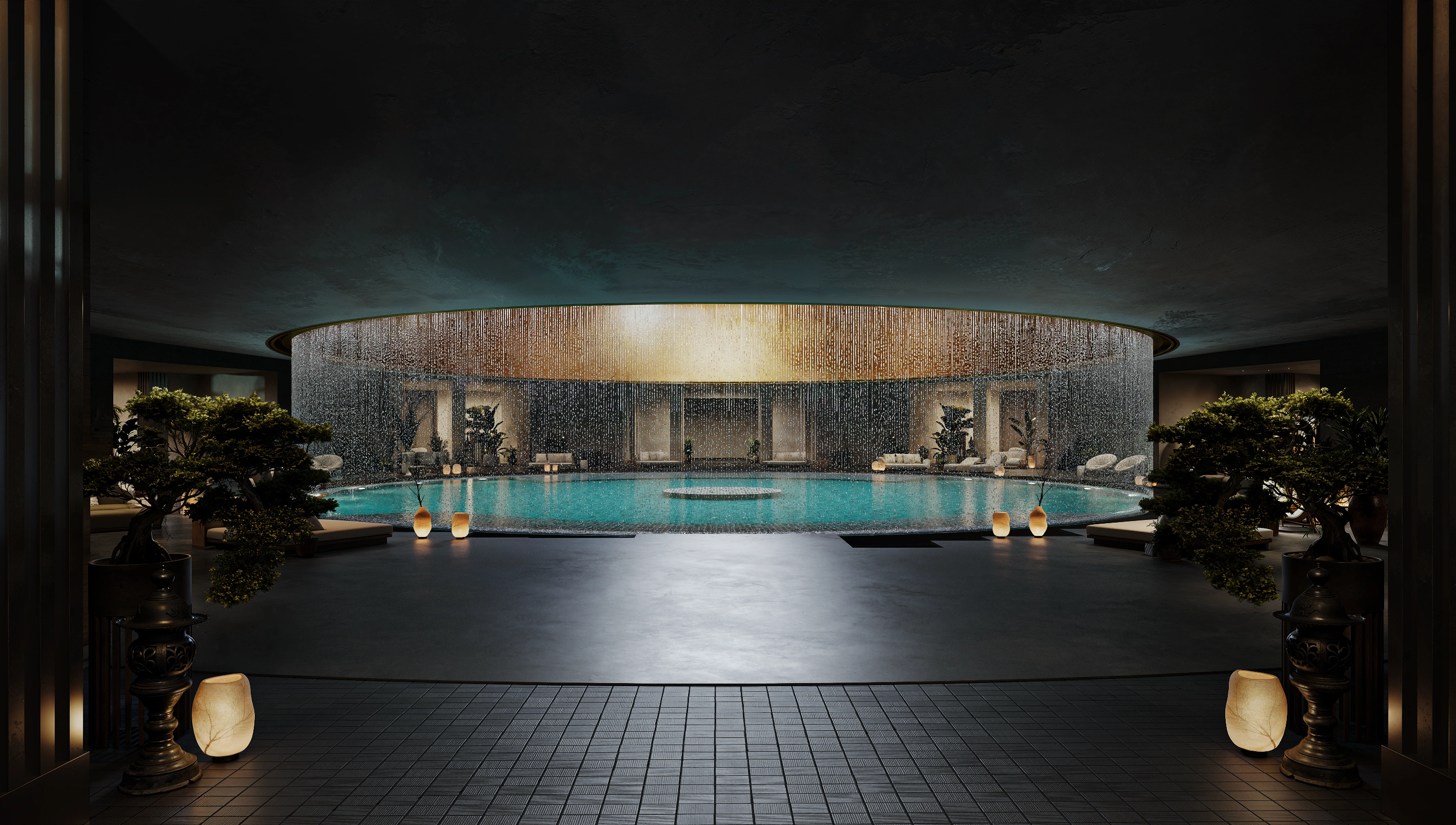Dramatic circular pool with waterfall architecture 3D visualization, The Ubud project by Bloom.
