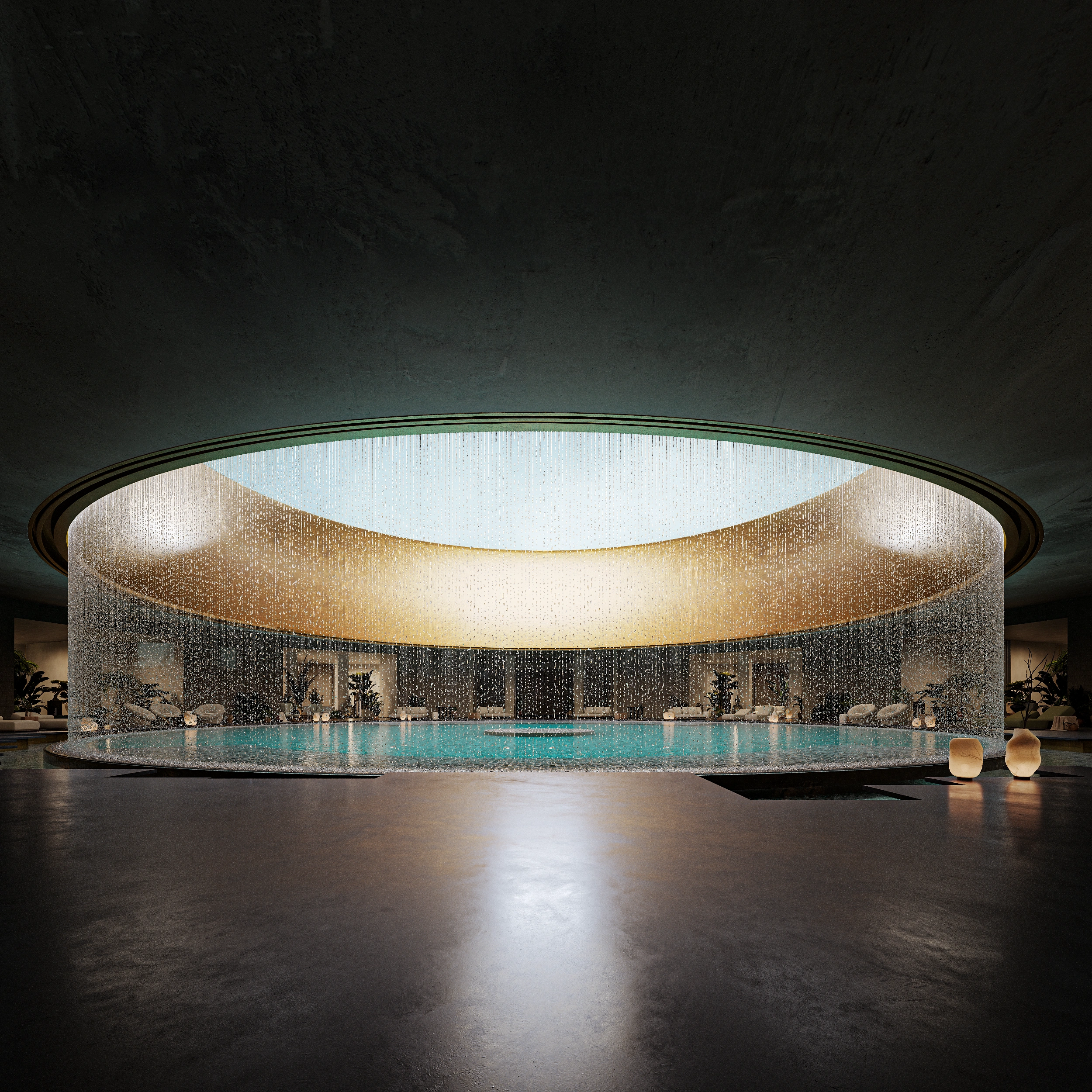 High-end 3D rendering of the infinity pool and outdoor terrace area overlooking the tropical valley in Ubud, Bali, for The Ubud project.