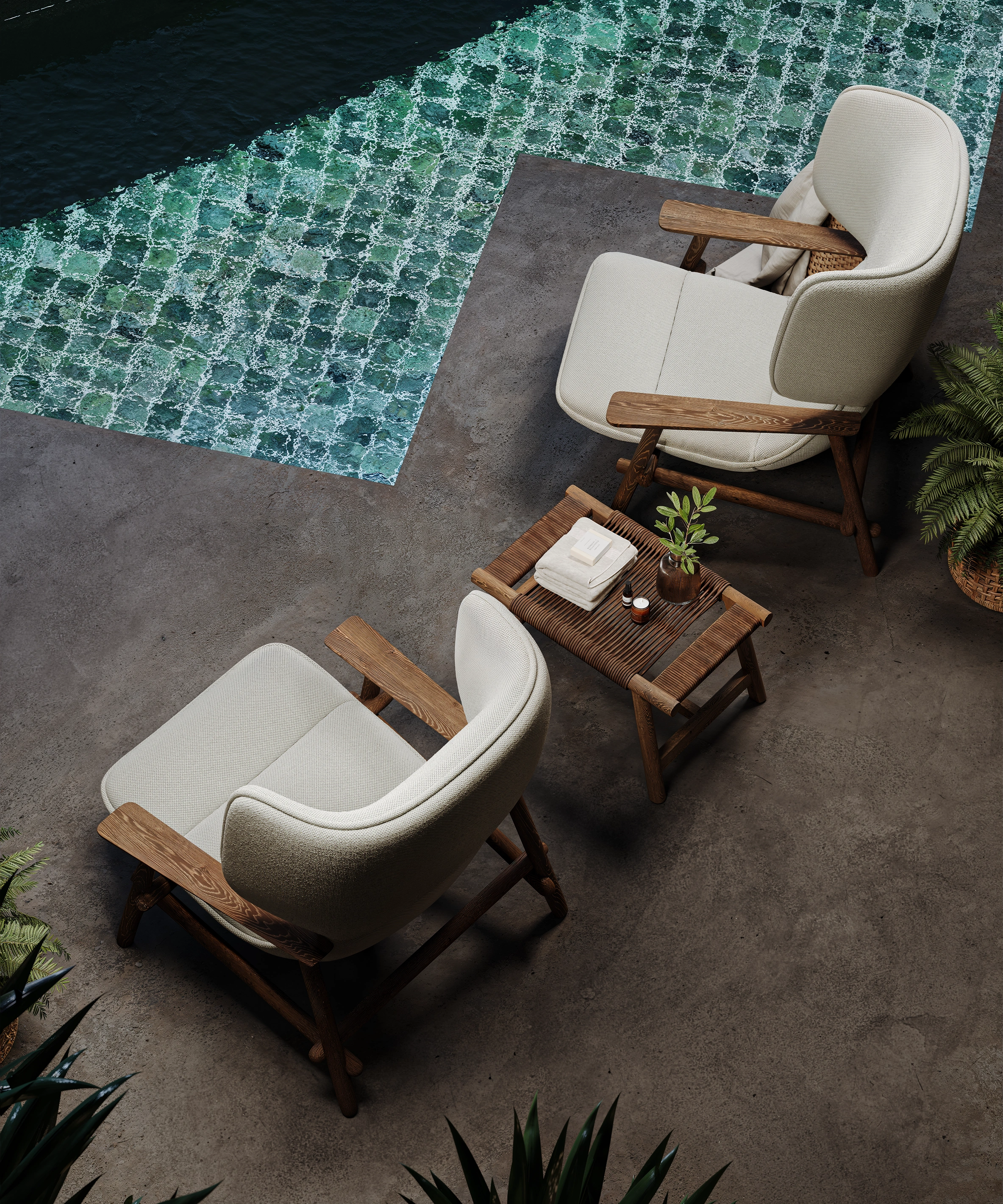 Top-view 3D visualization of poolside lounge chairs and wooden table, The Ubud luxury villa.