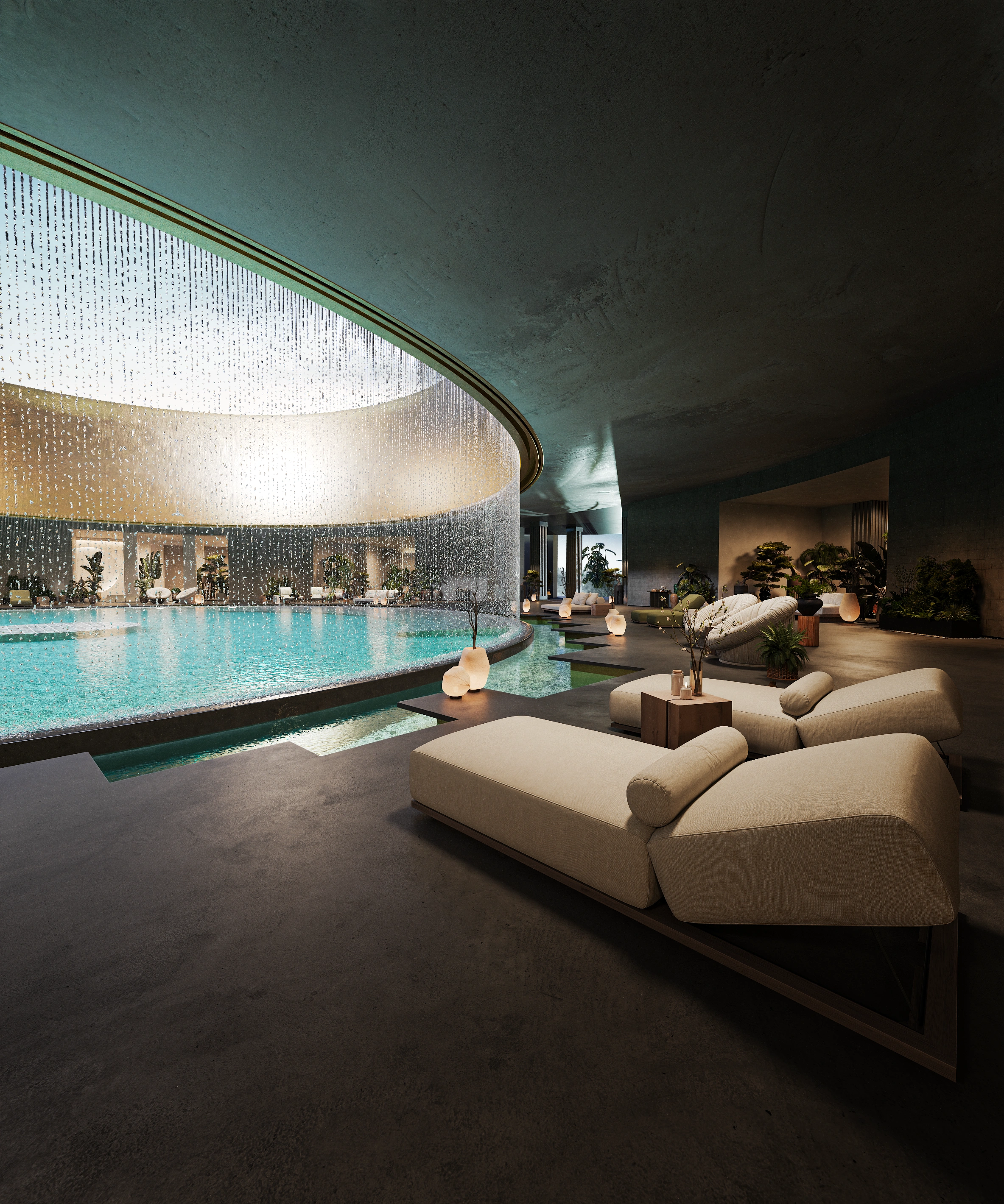 Modern Balinese interior design visualization featuring natural wood textures, stone elements, and high ceilings for The Ubud project.