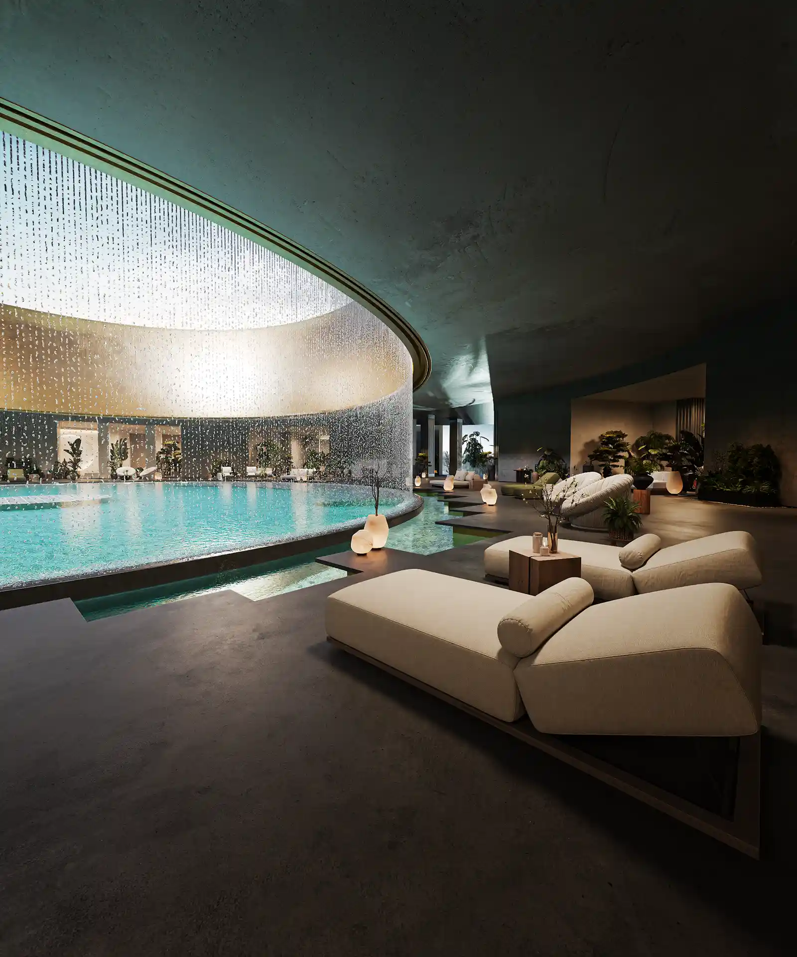 Modern Balinese interior design visualization featuring natural wood textures, stone elements, and high ceilings for The Ubud project.