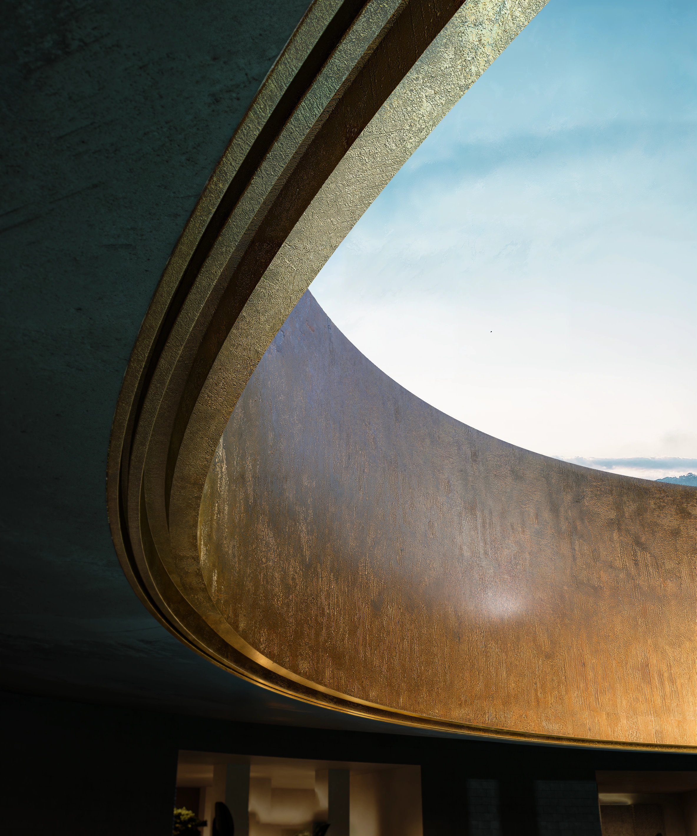 Architectural visualization of a modern pool exterior in Bali, showcasing natural stone base, wooden upper structure, and large glass windows for The Ubud project.