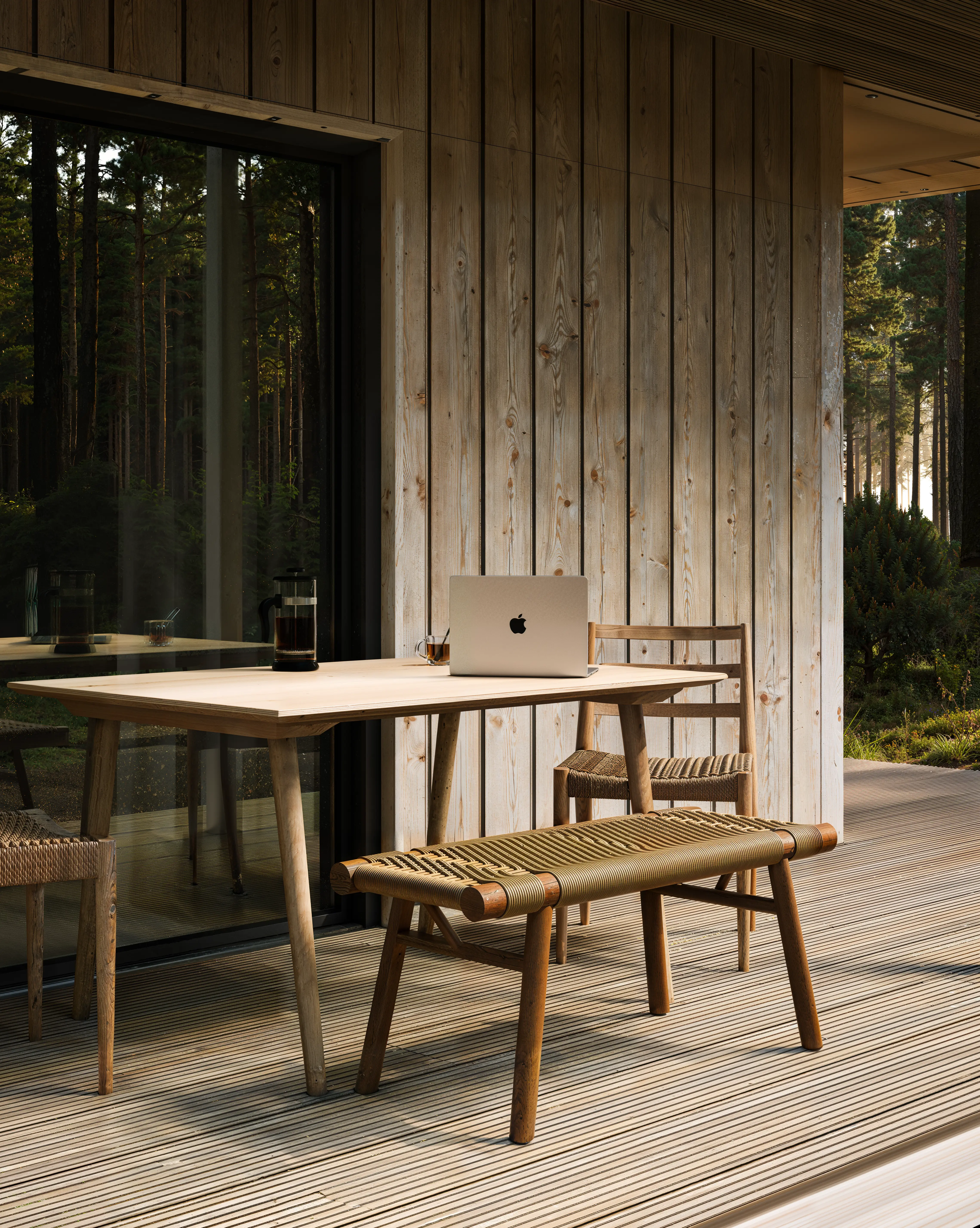 Close-up 3D render of a wooden terrace workspace with a laptop and forest views, Entropy project architectural visualization.