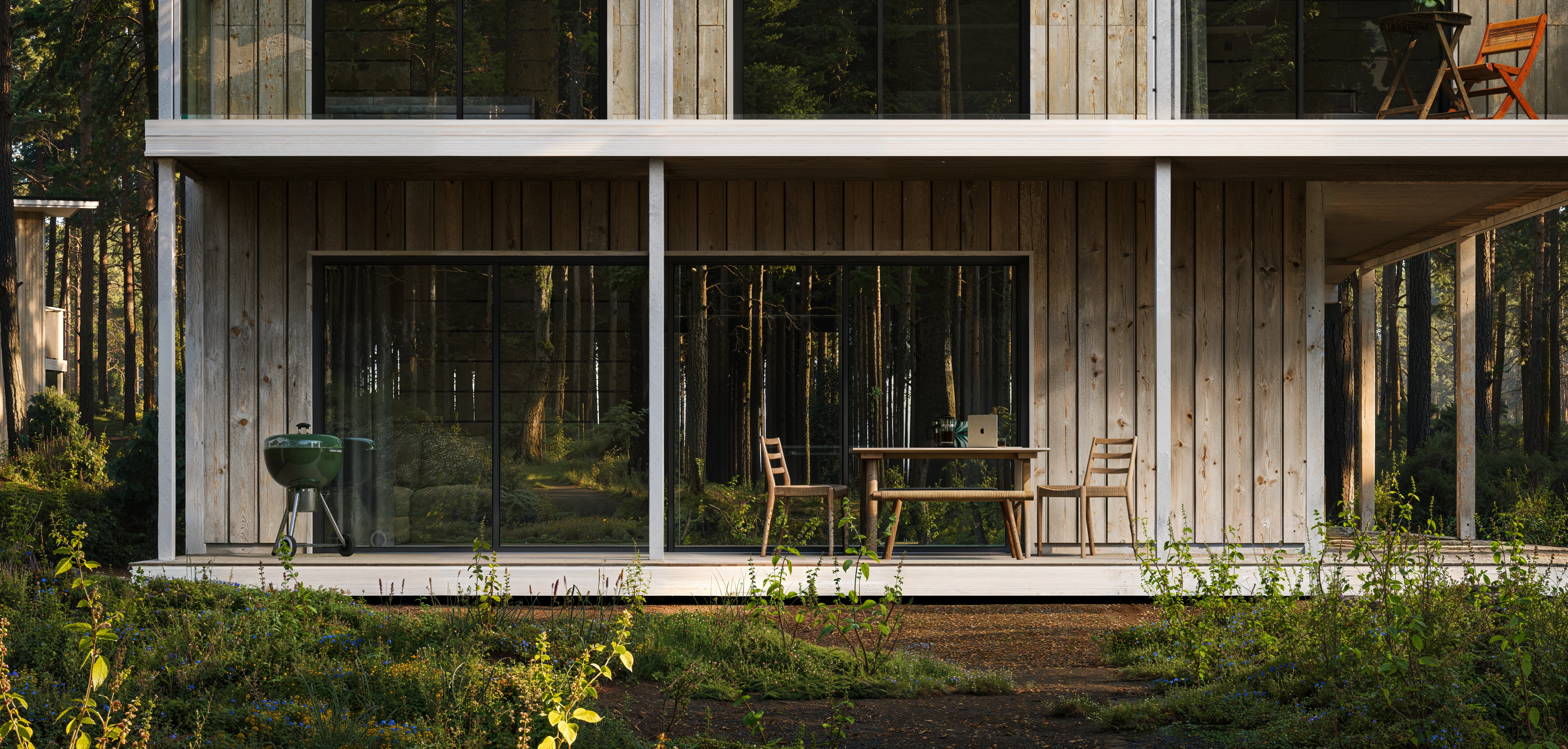 Wide-angle 3D architectural rendering of the Entropy modern house integrated into a lush Swedish forest environment.