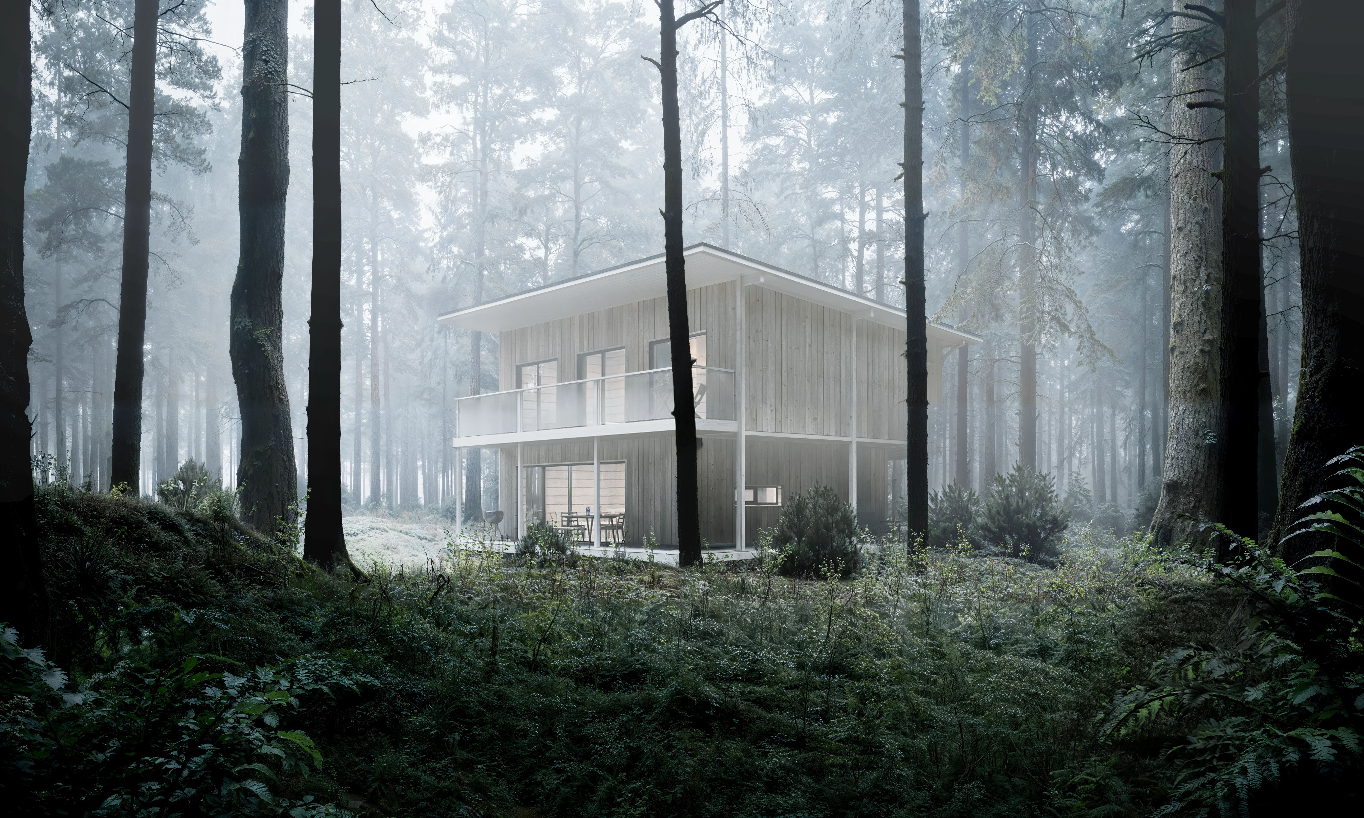 Atmospheric 3D architectural visualization of Entropy forest house in Sweden surrounded by misty pine trees.