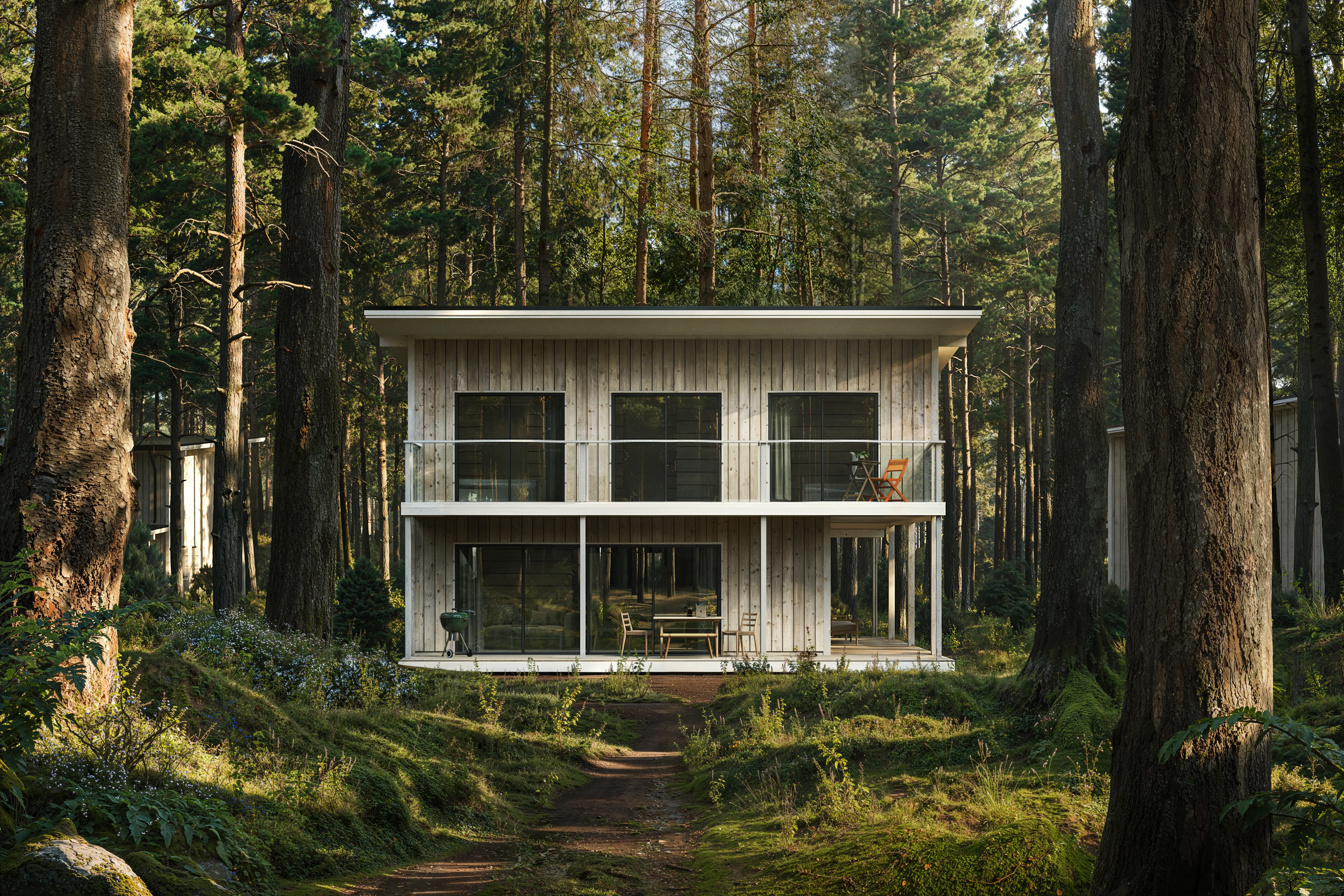 Modern two-story wooden forest house exterior in Sweden, high-end architectural 3D rendering of Entropy project.