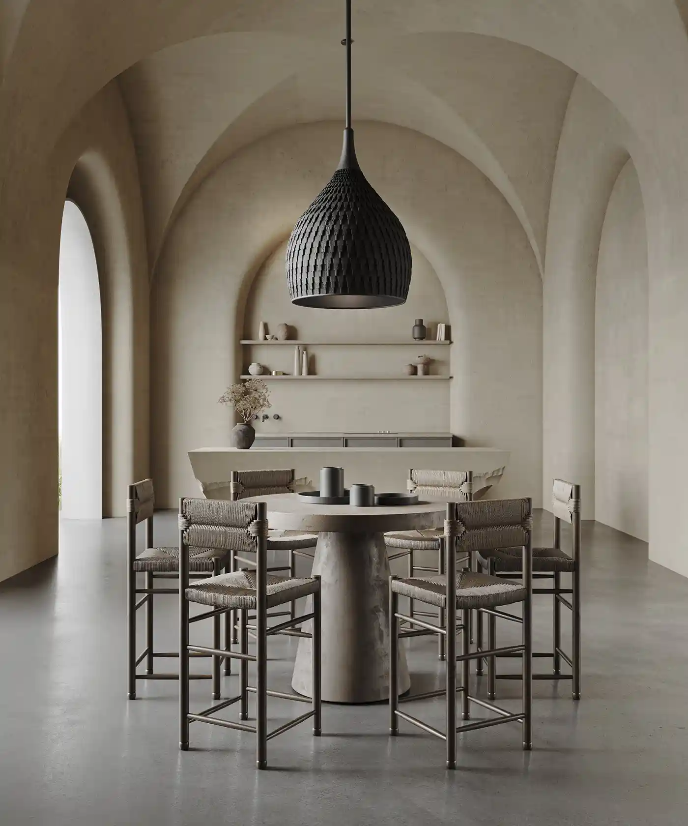 Photorealistic 3D interior visualization of Amrita project in Italy featuring minimalistic kitchen and organic plaster walls with lamp