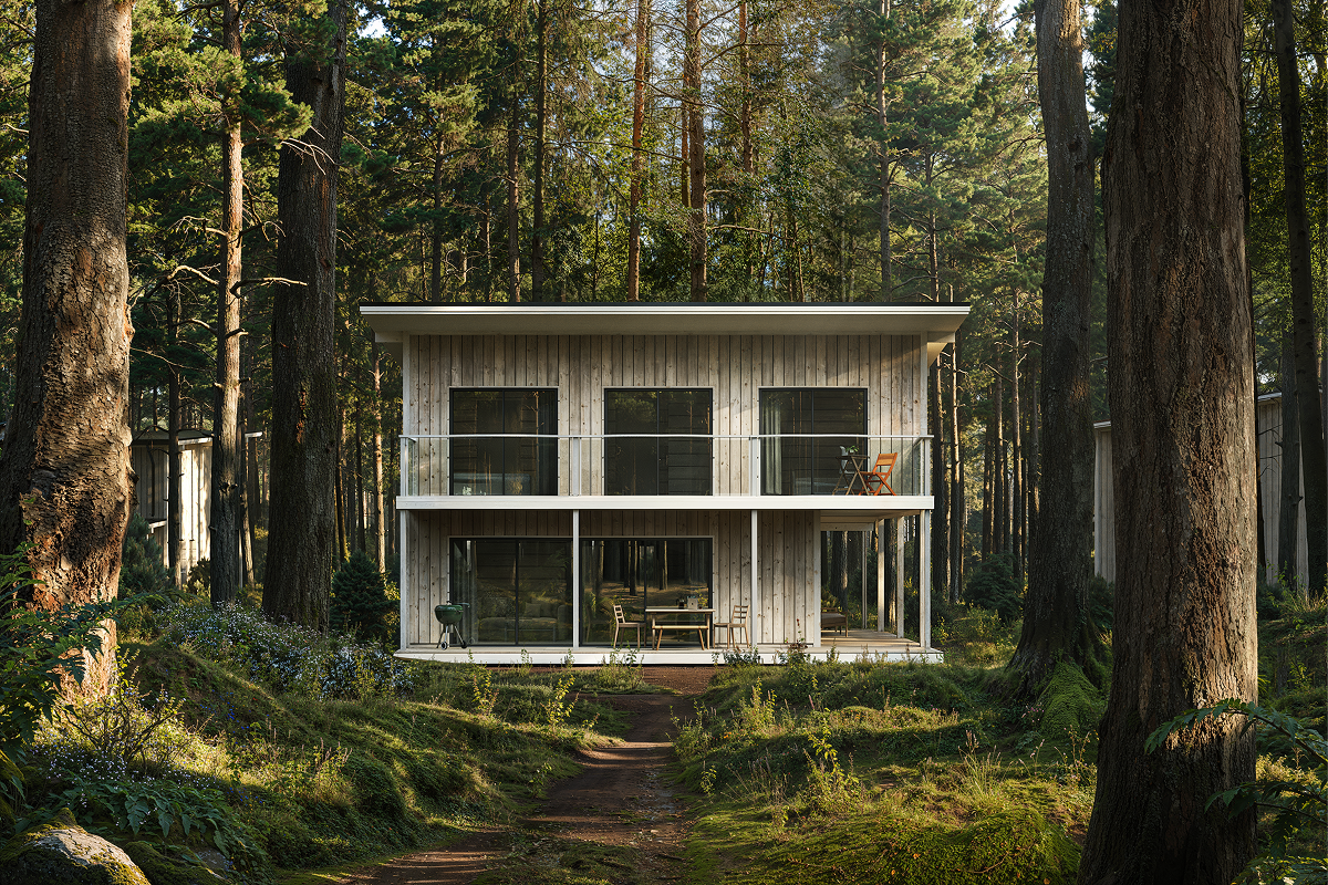 Modern two-story wooden forest house exterior in Sweden, high-end architectural 3D rendering of Entropy project.