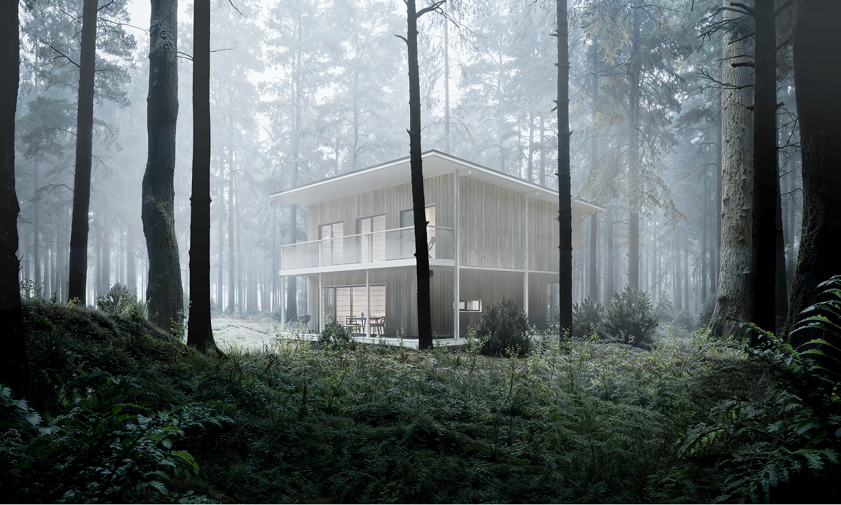 Atmospheric 3D architectural visualization of Entropy forest house in Sweden surrounded by misty pine trees.