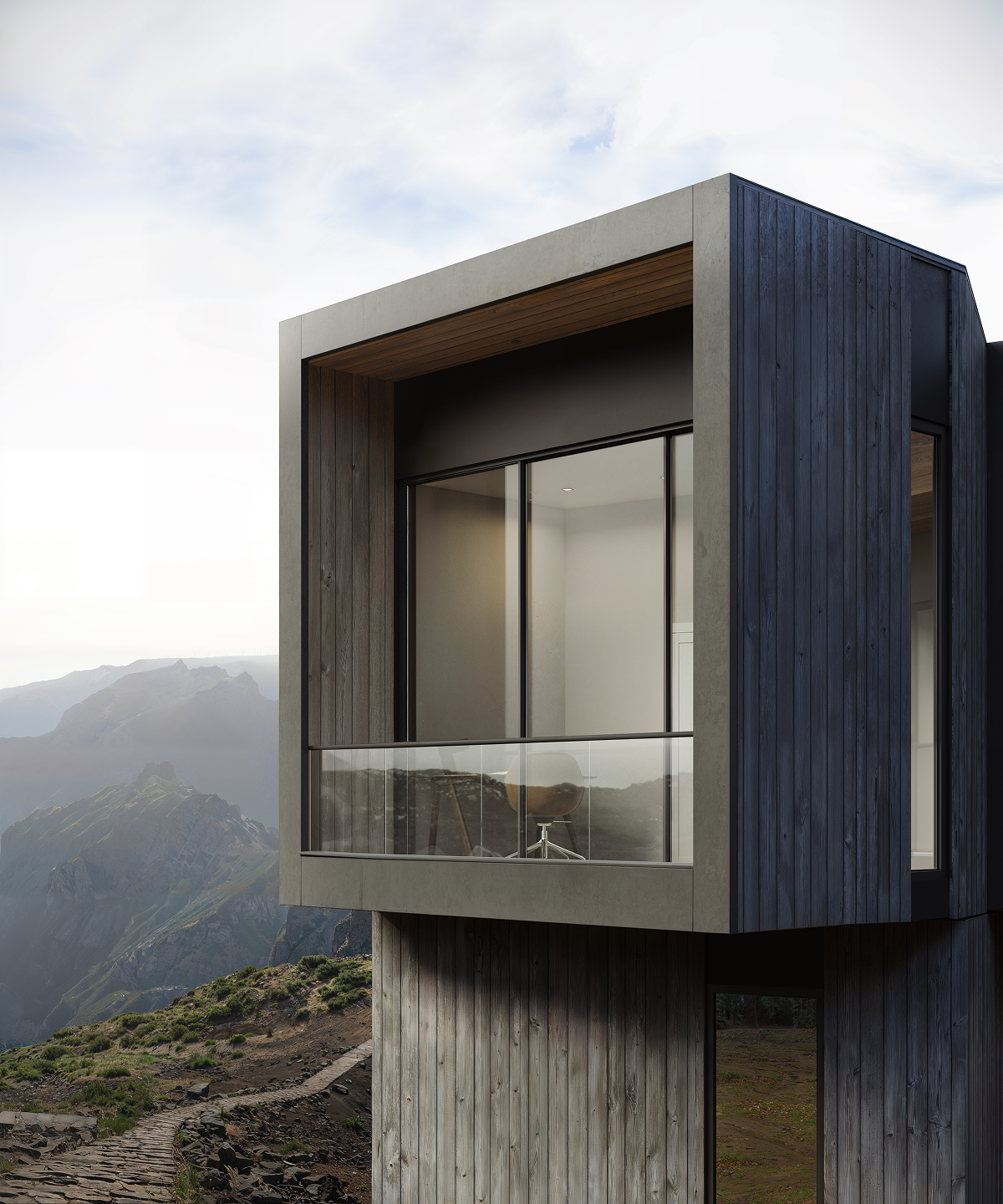 Close-up 3D architectural render of a modern cantilevered balcony with glass railings and minimalist interior, Morven project by Bloom 3D Studio.