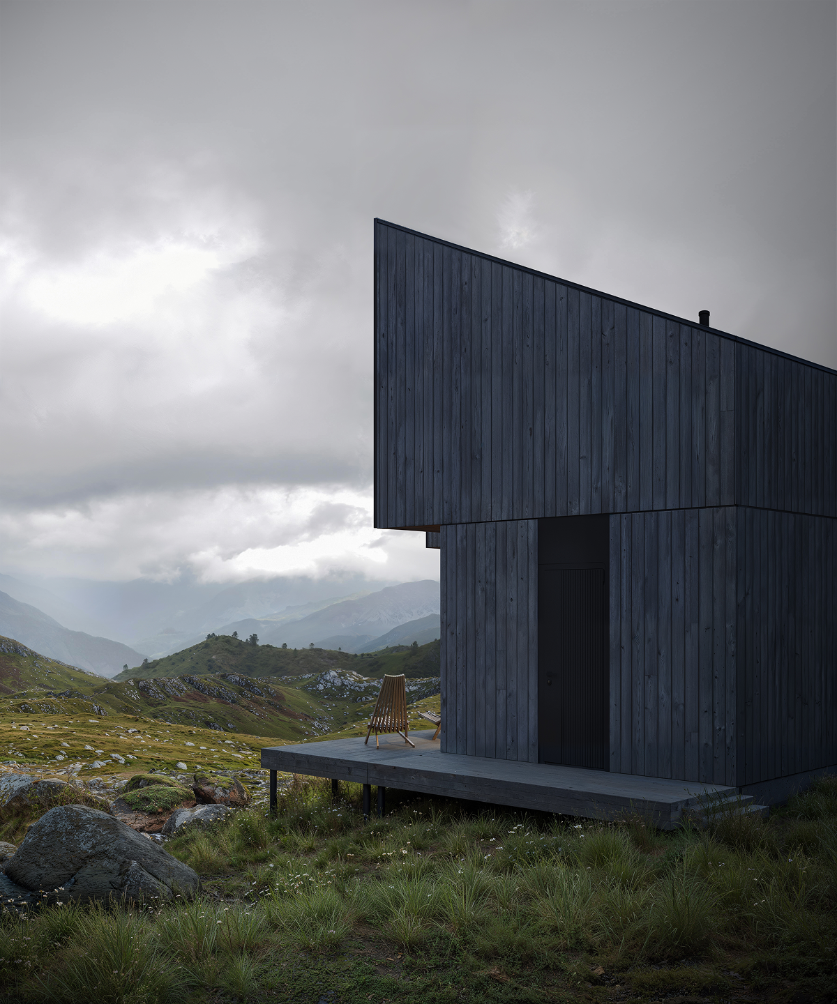 High-end exterior visualization of a contemporary highland cabin in Scotland, Morven project by Bloom.