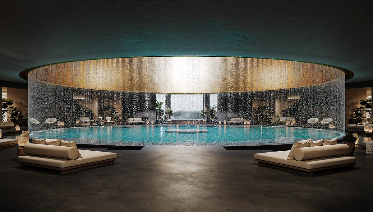 Photorealistic 3D architectural visualization of The Ubud project, a modern tropical villa exterior in Bali surrounded by lush jungle greenery.