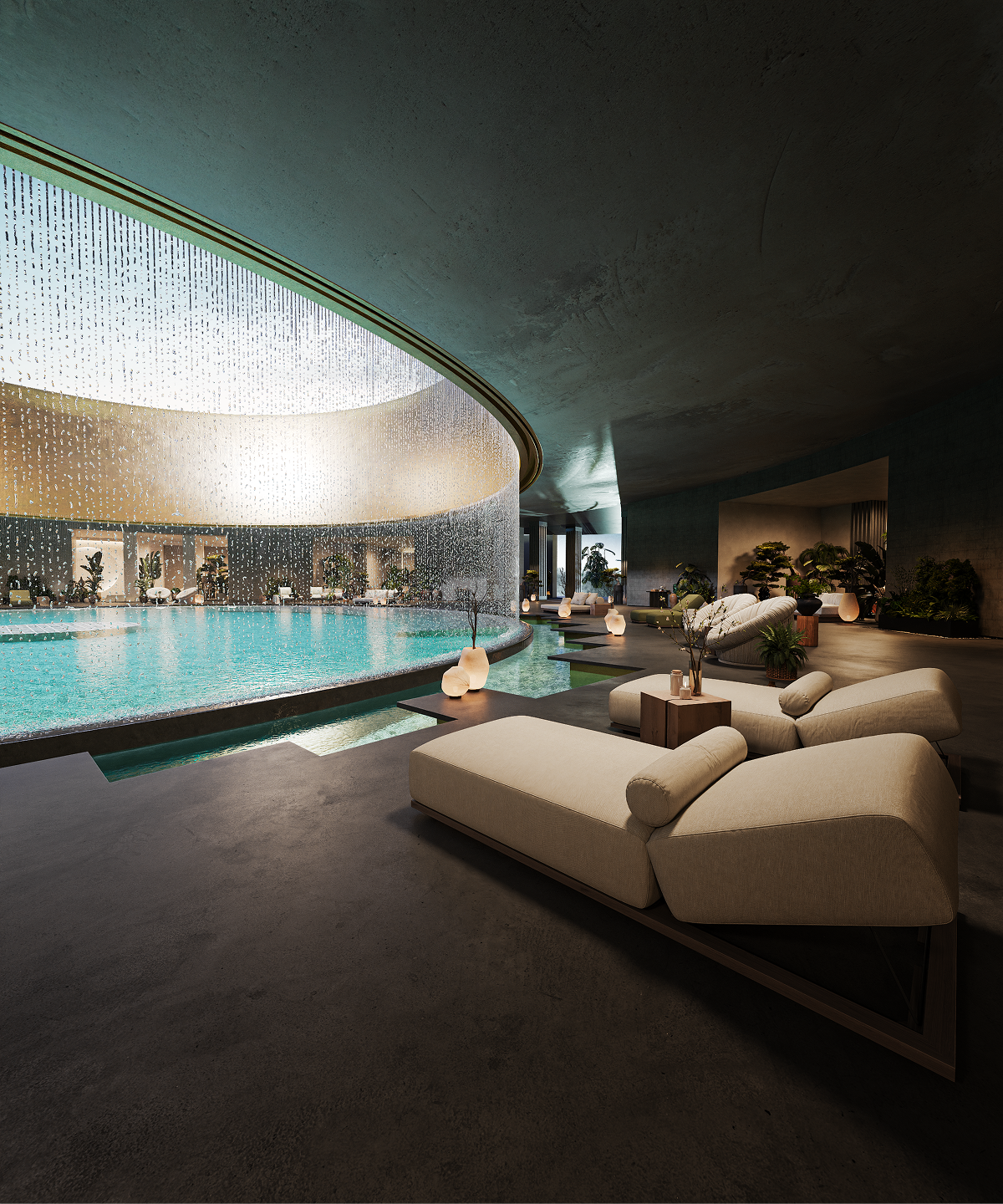 Modern Balinese interior design visualization featuring natural wood textures, stone elements, and high ceilings for The Ubud project.