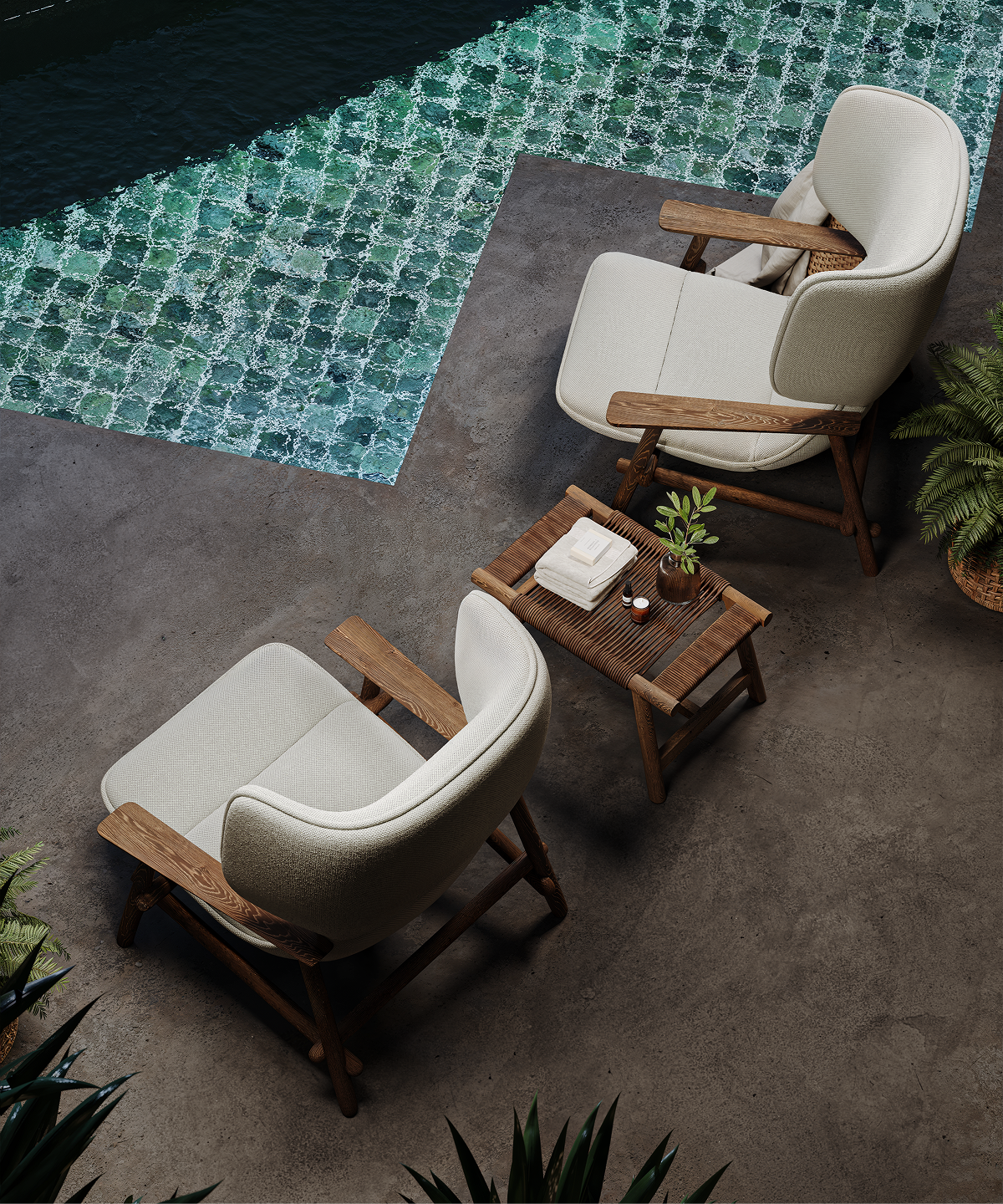 Top-view 3D visualization of poolside lounge chairs and wooden table, The Ubud luxury villa.