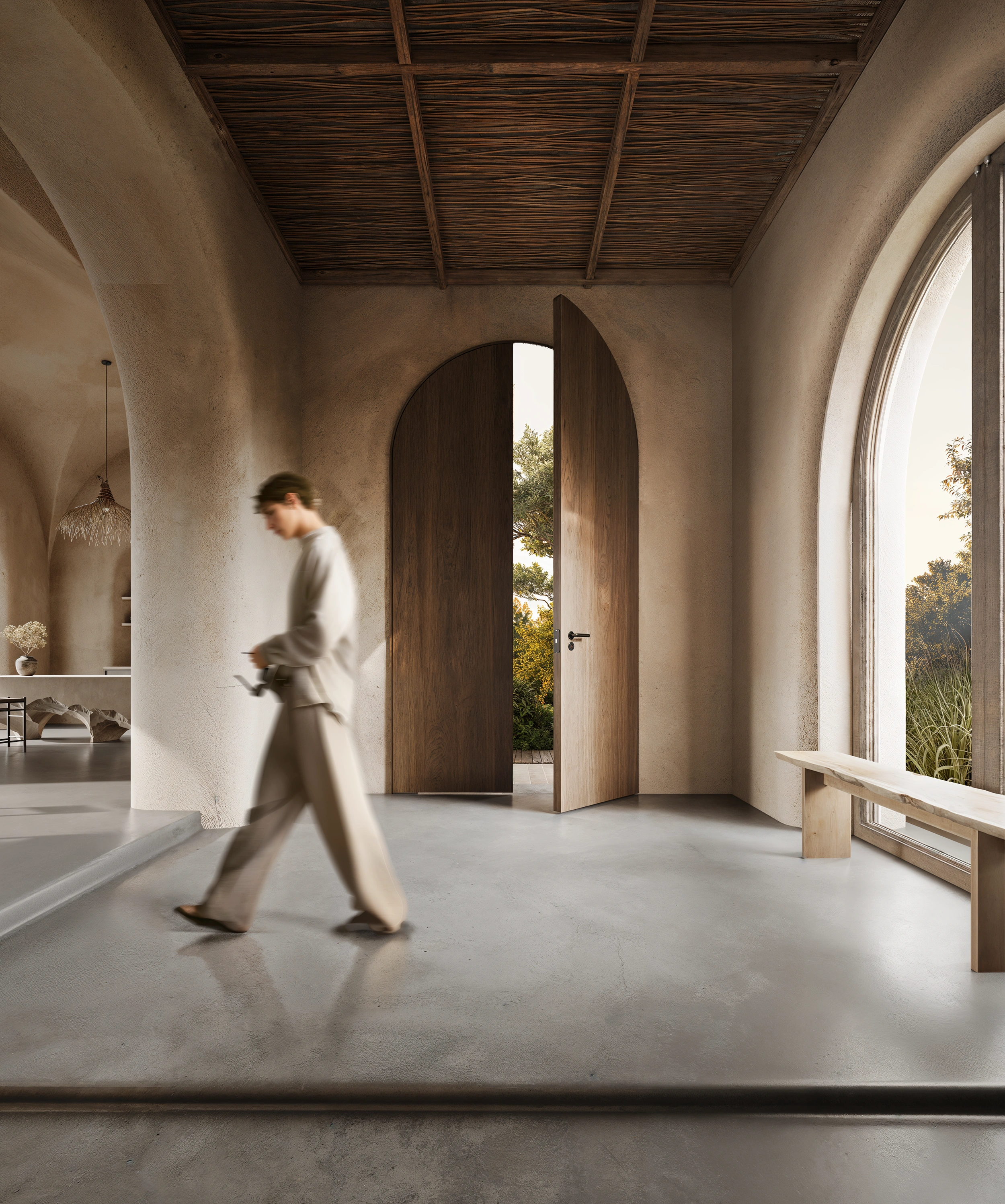 Photorealistic 3D interior visualization of Amrita project in Italy featuring minimalist arched doorways and organic plaster walls.