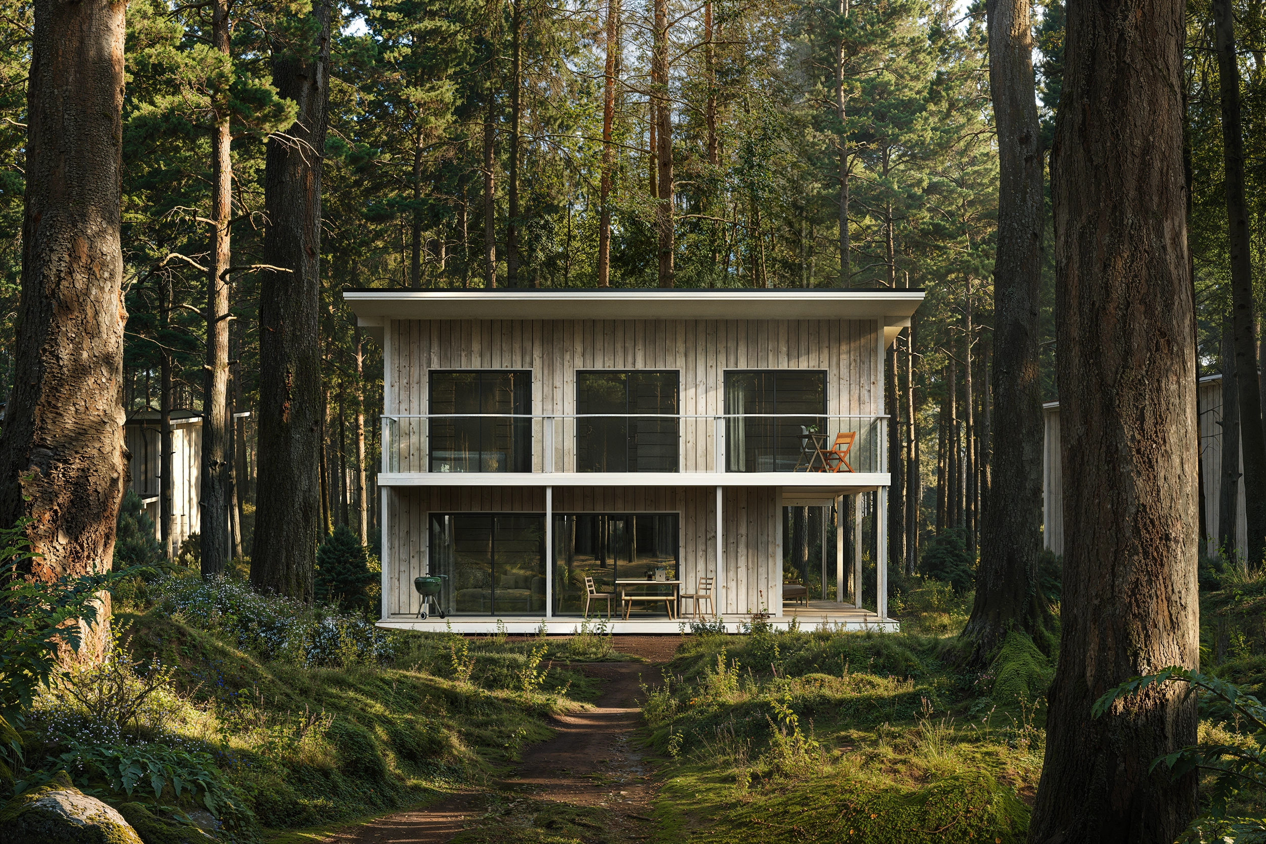 Modern two-story wooden forest house exterior in Sweden, high-end architectural 3D rendering of Entropy project.
