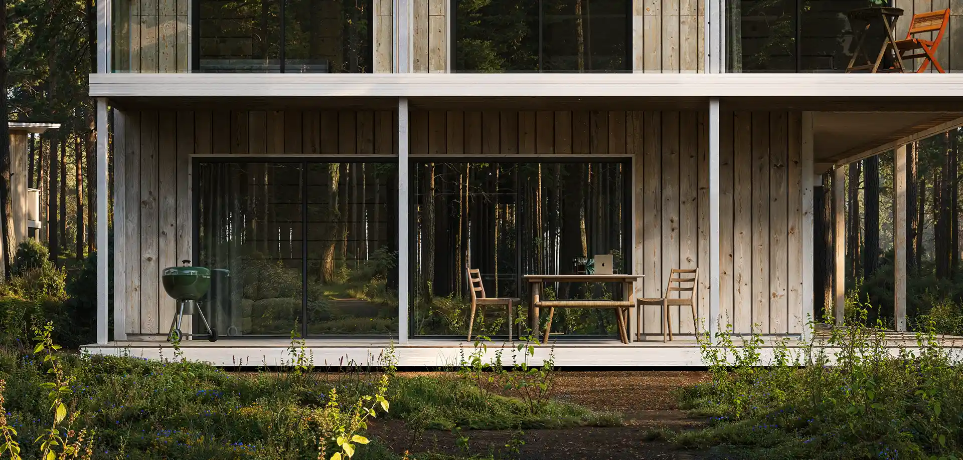 Wide-angle 3D architectural rendering of the Entropy modern house integrated into a lush Swedish forest environment.