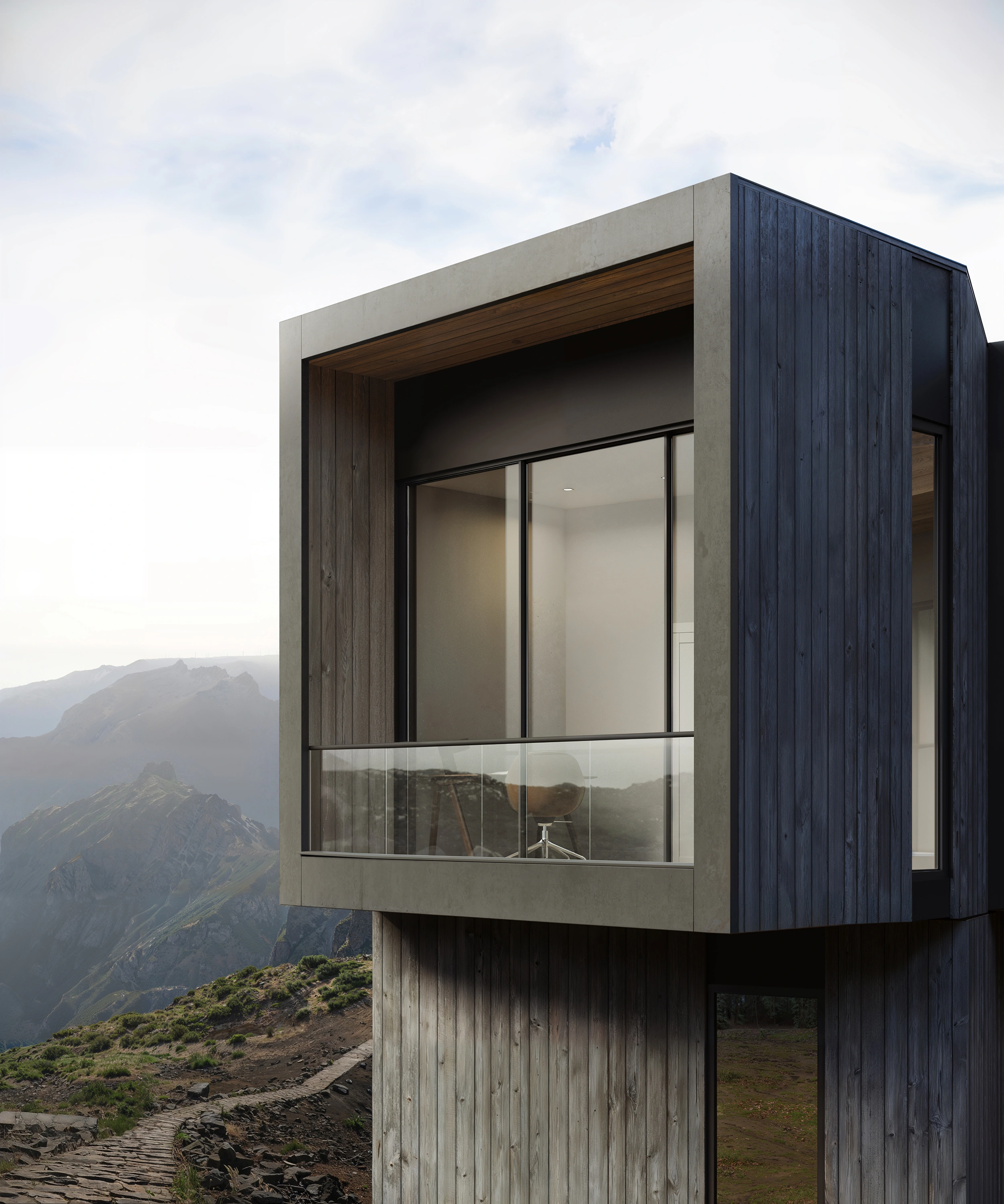 Close-up 3D architectural render of a modern cantilevered balcony with glass railings and minimalist interior, Morven project by Bloom 3D Studio.