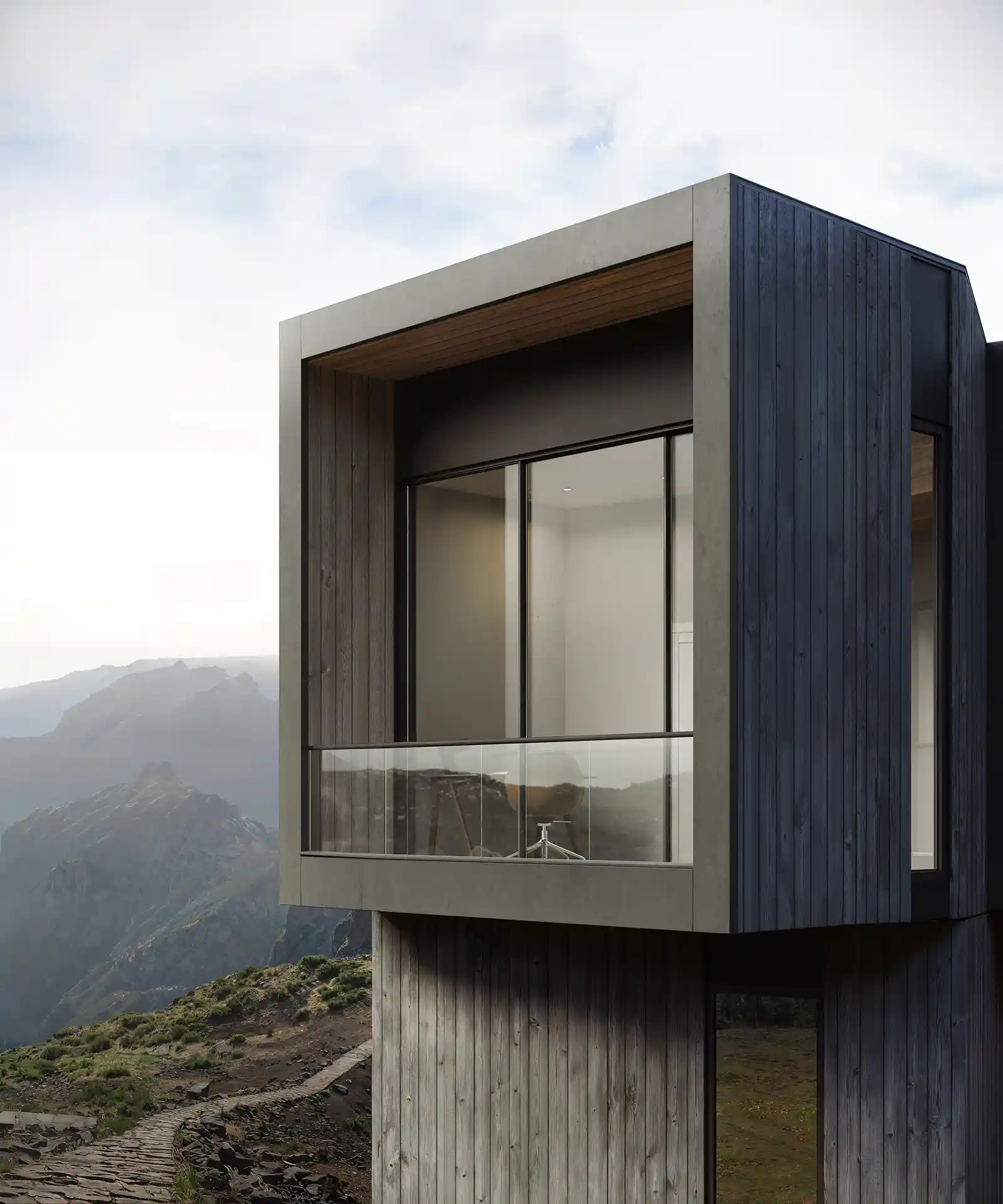 Close-up 3D architectural render of a modern cantilevered balcony with glass railings and minimalist interior, Morven project by Bloom 3D Studio.