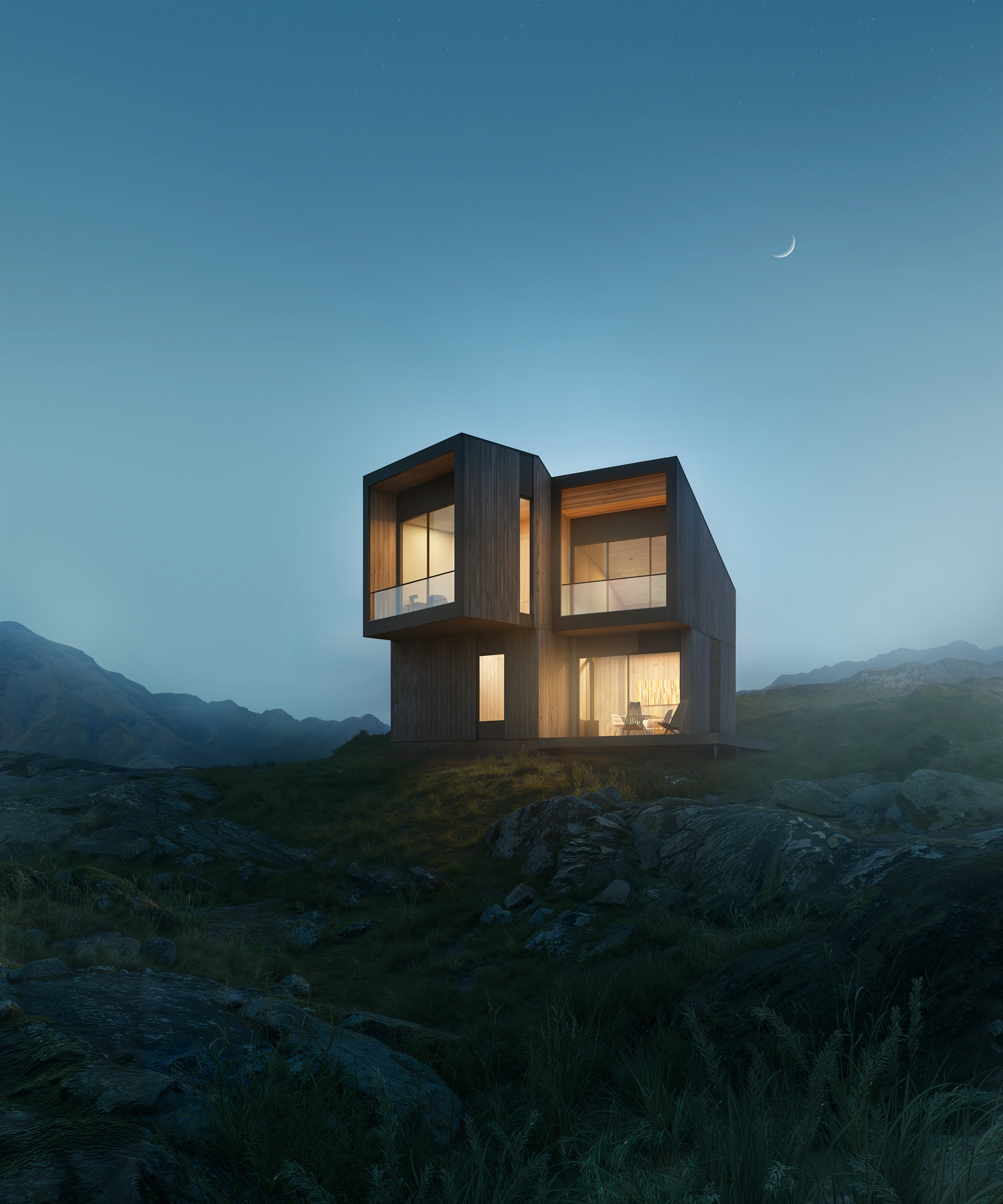 Architectural exterior visualization of a modern dark wood cabin featuring a sharp-edged facade and mountain view terrace, Morven project.