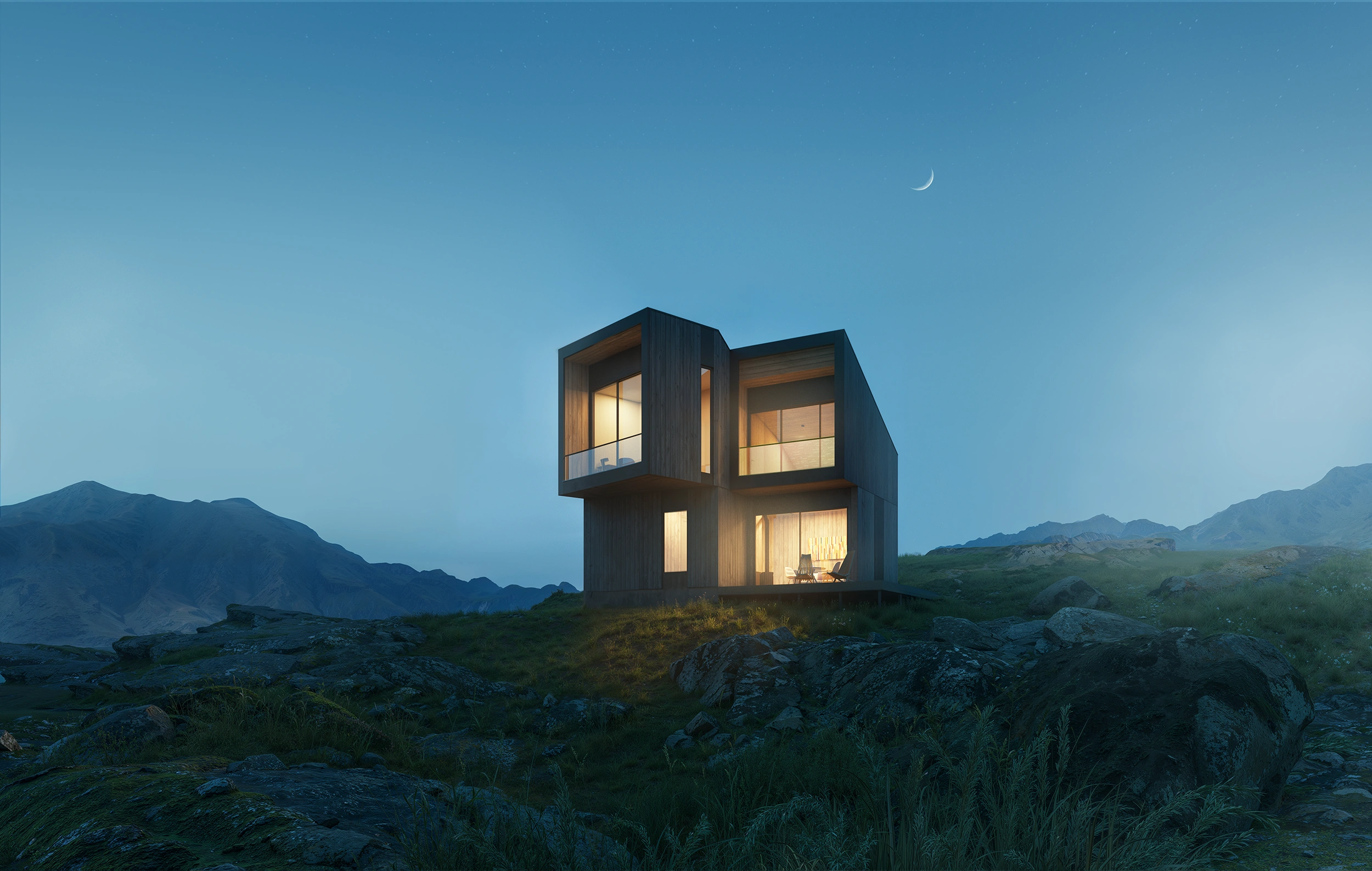 Night-time 3D visualization of Morven project in Scotland, showing warm interior lighting and a modern dark wood exterior under a crescent moon.