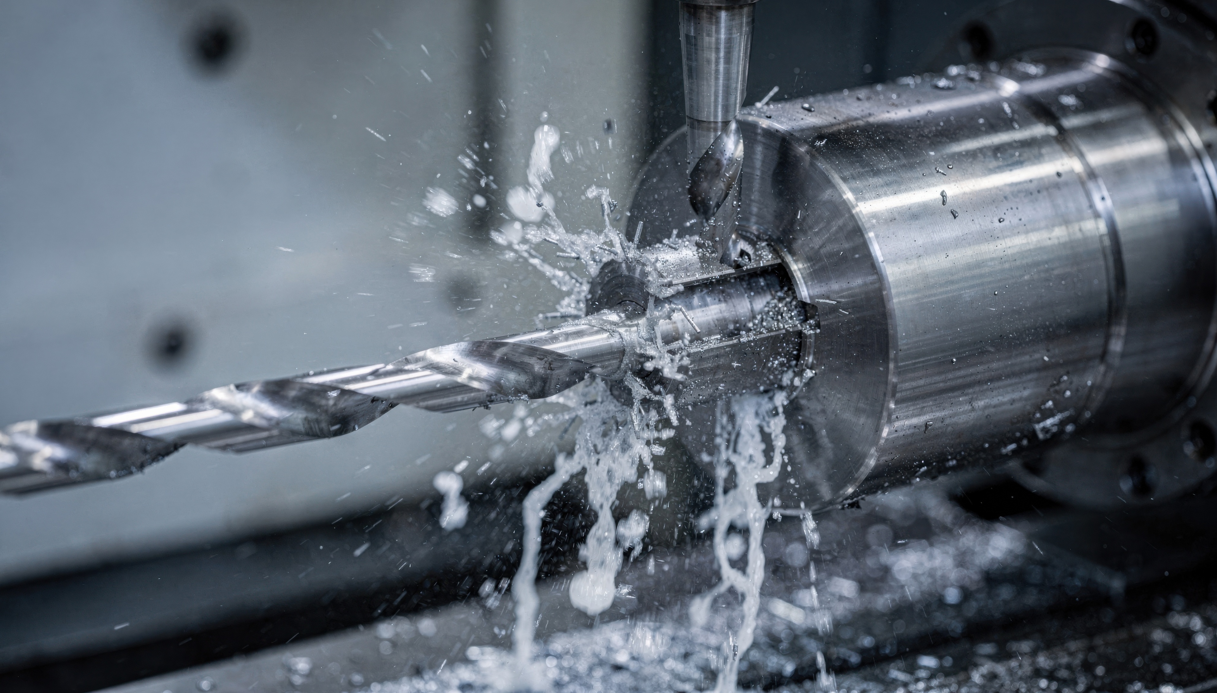 Deep hole drilling a metal part under high-pressure coolant.