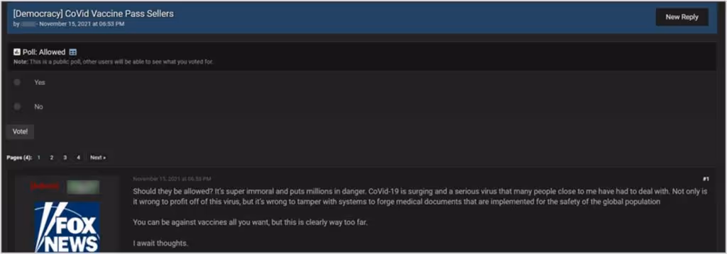 Figure 7: Fraudster shows concern regarding selling fake COVID passes