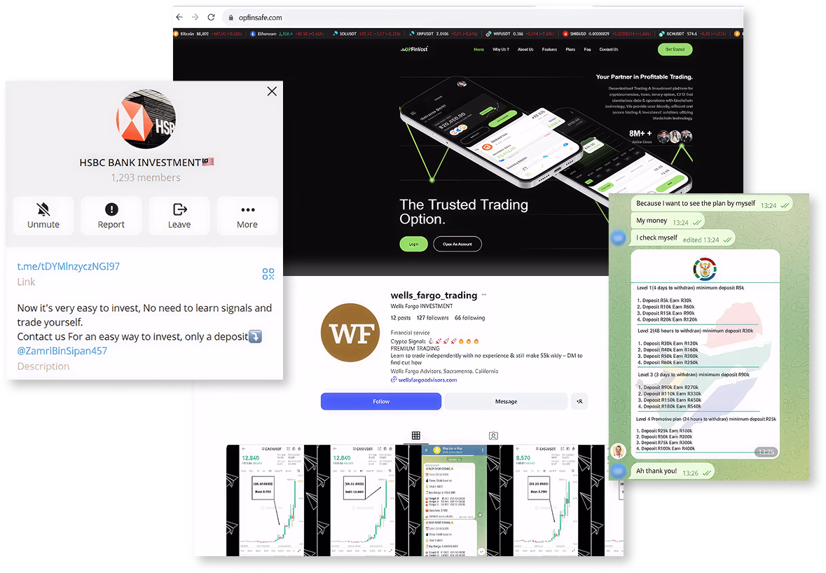 multiple screenshots from various apps exposing investment scams