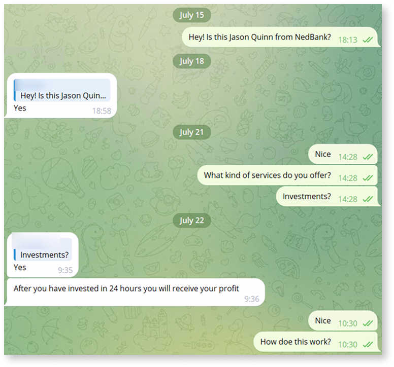 screenshot of a impersonation fraudster chatting on Telegram
