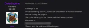 DukeEugene advertising that the project is closed translated from Russian