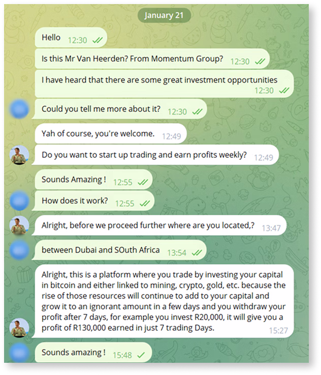 screenshot of a cyrptocurrency fraudster chatting on Telegram
