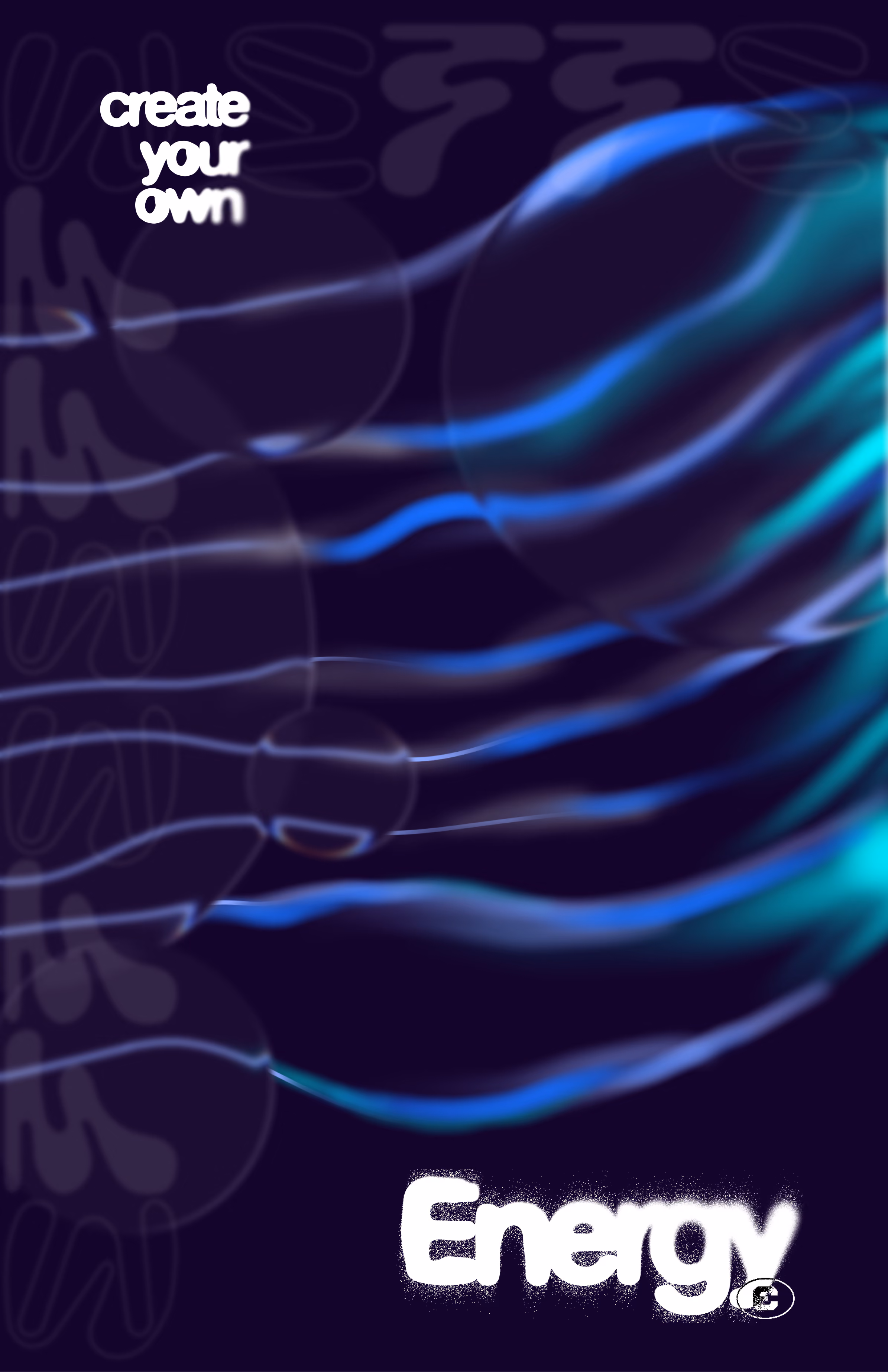 Abstract blue and green energy waves with the text 'create your own Energy' on dark background.