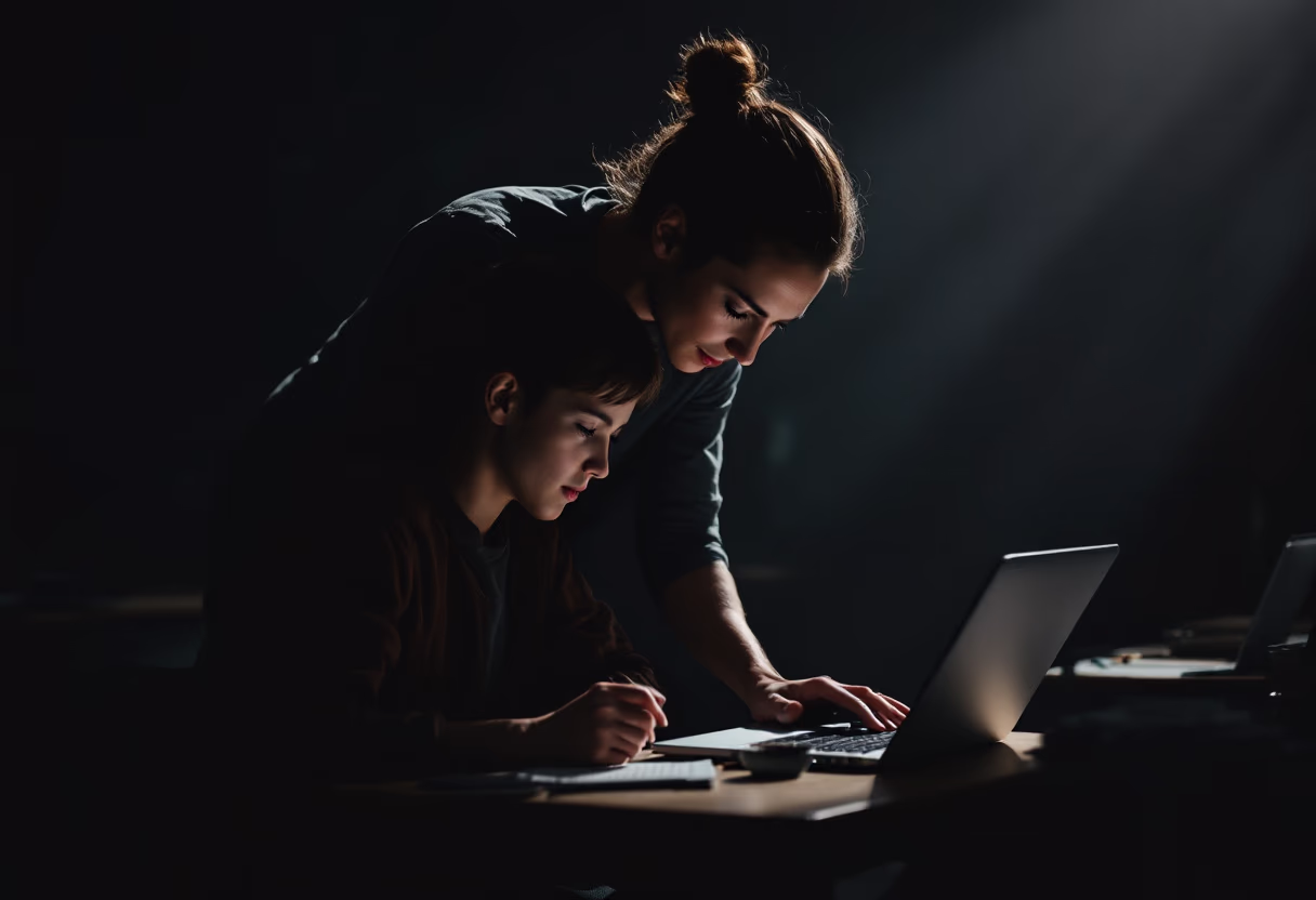 image of a teacher interacting with students using digital tools (for an edtech)