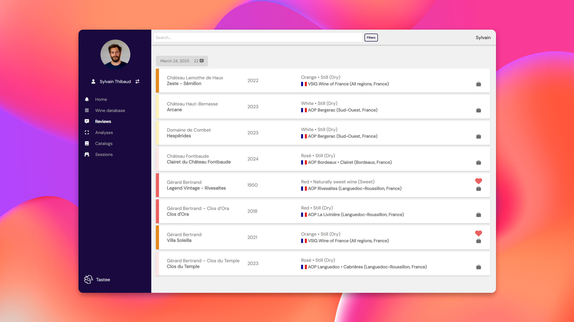 Screenshot of the “Notebook” tab in the Tastee.wine app, showing a list of wine tasting review cards with details such as wine name, vintage, style, and appellation.
