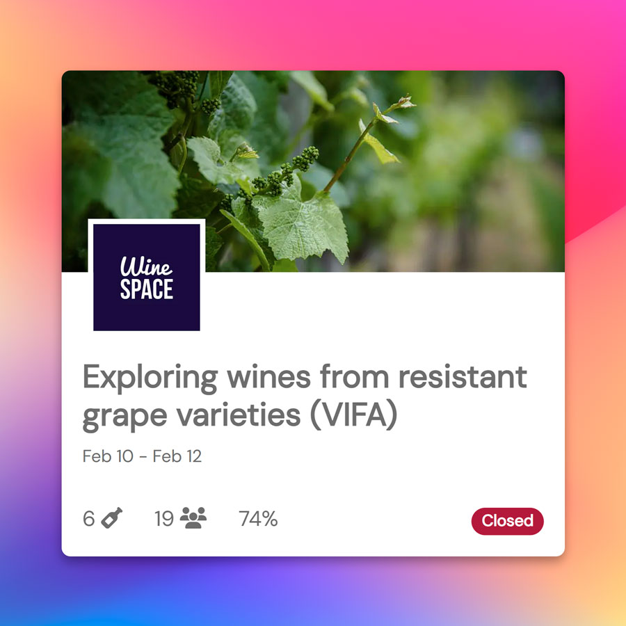 Screenshot of a tasting session card in the Tastee.wine app, showing the session title, organizer logo, date, number of wines, number of participants, completion percentage, and closed status.