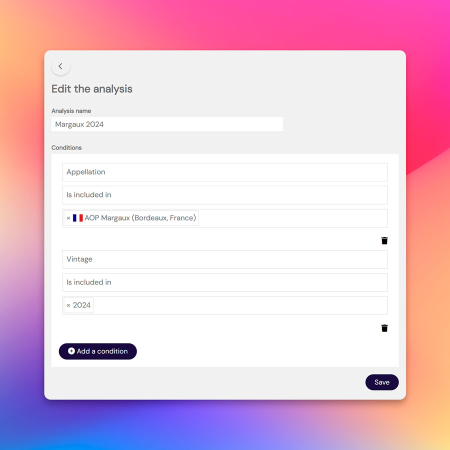 Screenshot of the query builder in the “Analysis” tab of the Tastee.wine app, where users can set conditions such as appellation and vintage to filter wines for analysis.