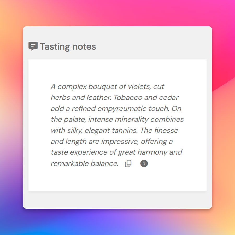 Screenshot of the “Tasting notes” section in a Tastee.wine wine tasting report, showing a textual summary synthesizing the overall tasting impressions.