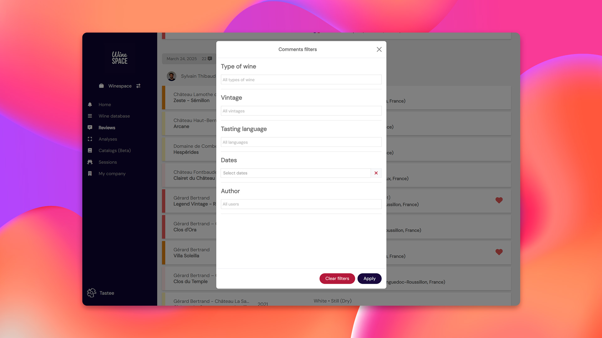 Screenshot of the Tastee.wine app showing the comment filter interface, where users can search their tasting notes by type of wine, vintage, language, date, and author.