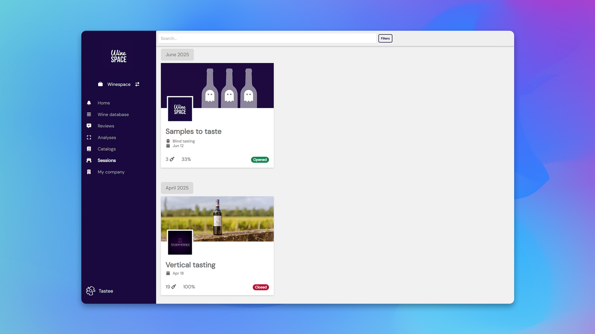 Screenshot of the Tastee.wine app showing the Sessions home interface, summarizing past and upcoming tasting sessions with their details and status.