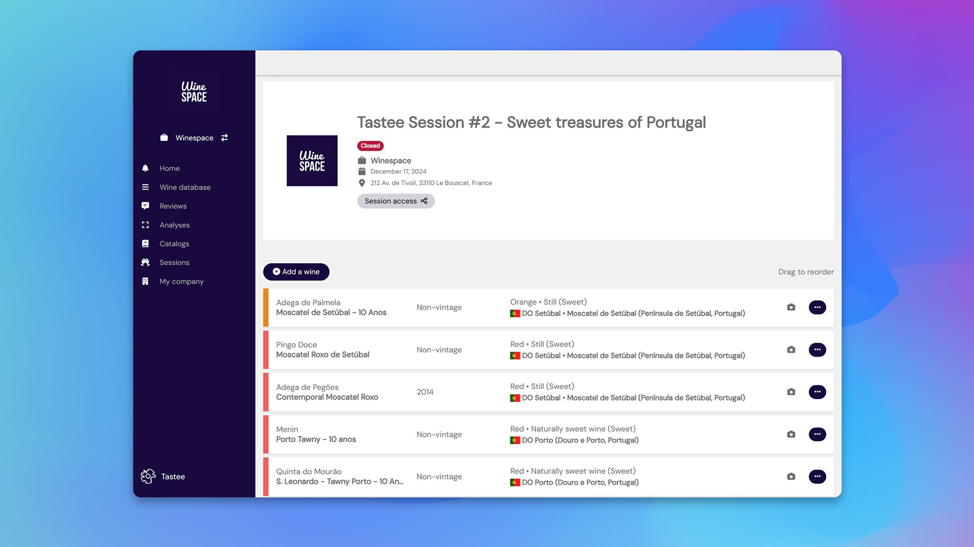 Screenshot of the Tastee.wine app showing the session management interface, with details of the session and a list of wines to be tasted by participants.