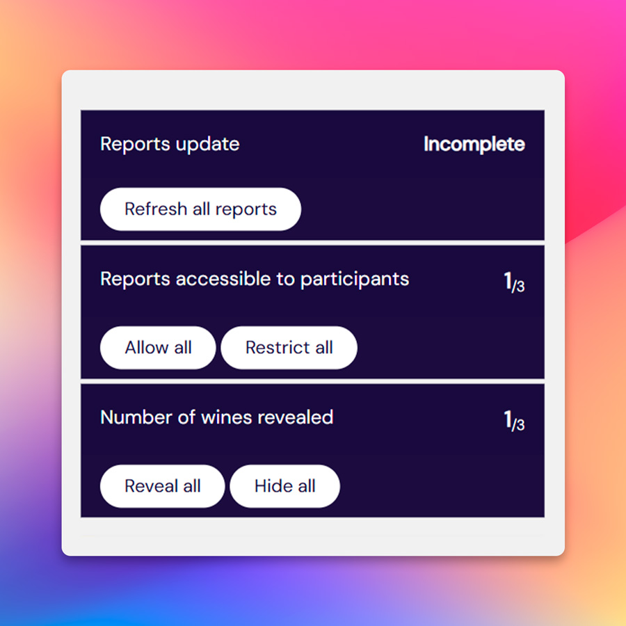 Screenshot of the Tastee app displaying session management options, including buttons to refresh reports, control participant access to reports, and reveal or hide the identity of the wines.